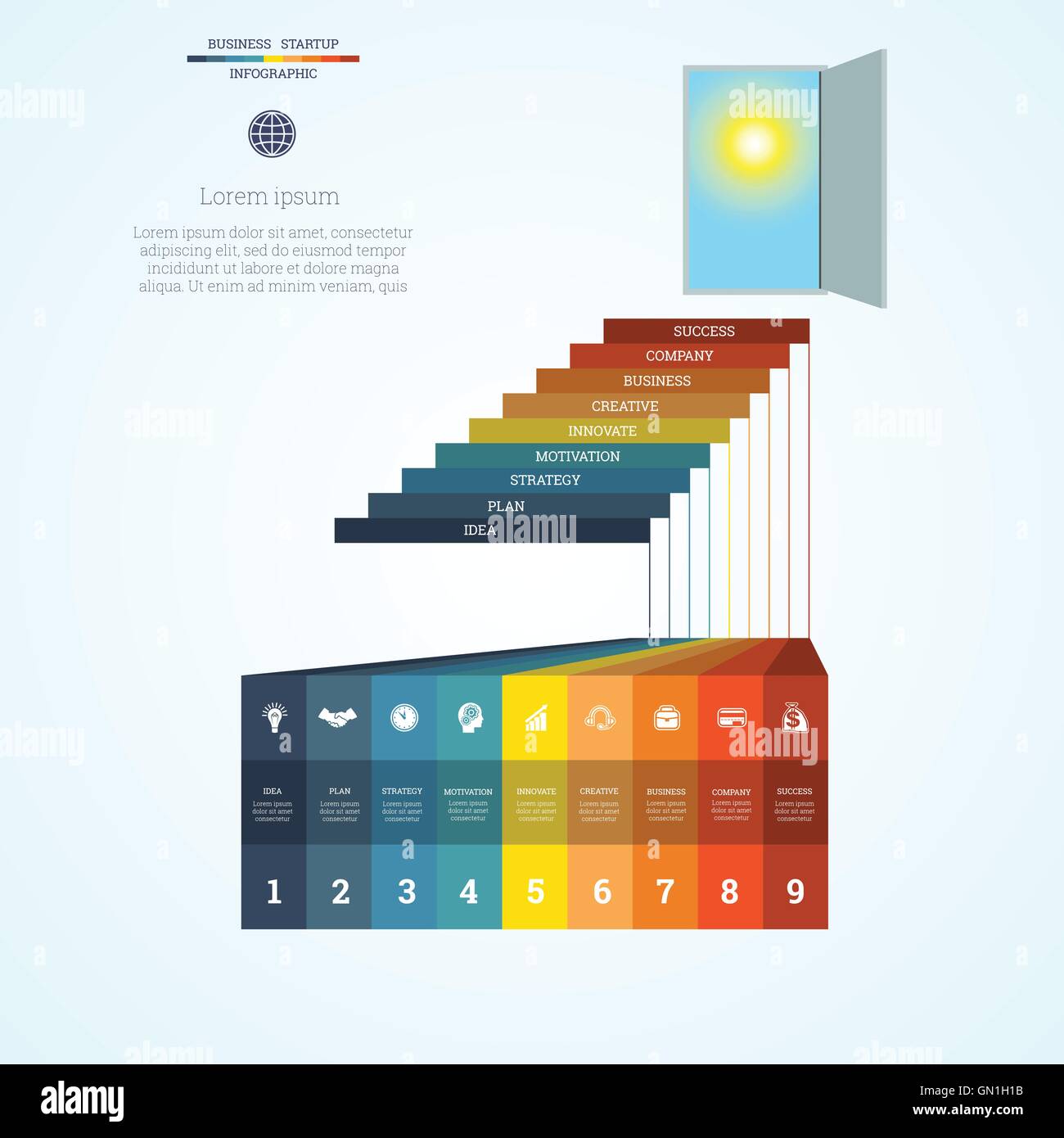 Vector illustration Infographic template steps up ladders and doorway ...