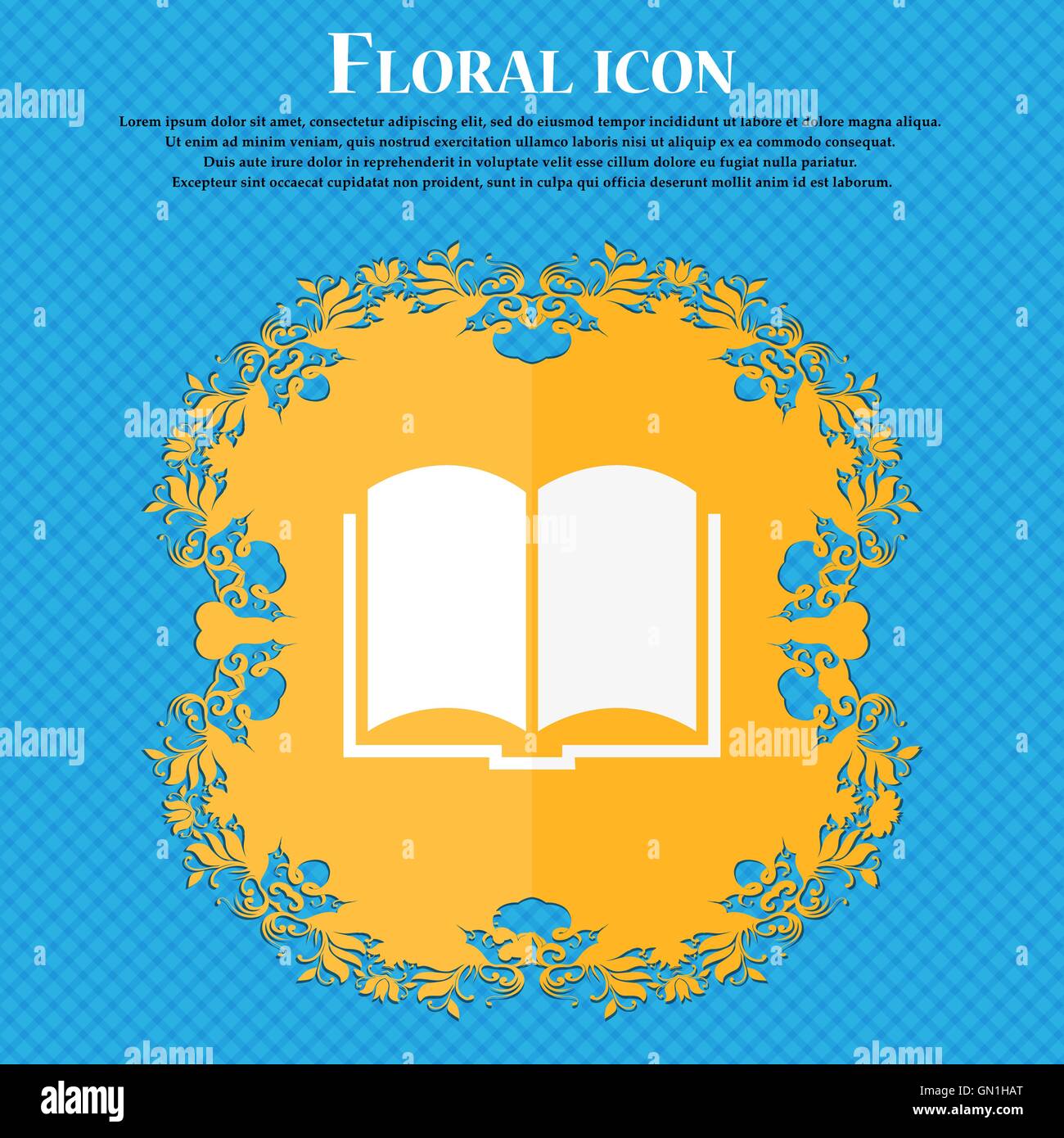 Book icon. Floral flat design on a blue abstract background with place ...