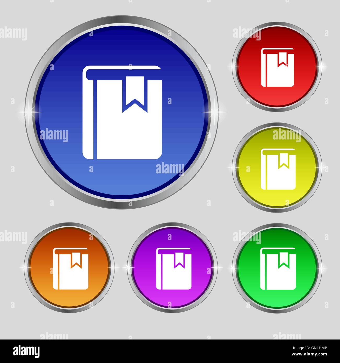 Book bookmark icon sign. Round symbol on bright colourful buttons ...