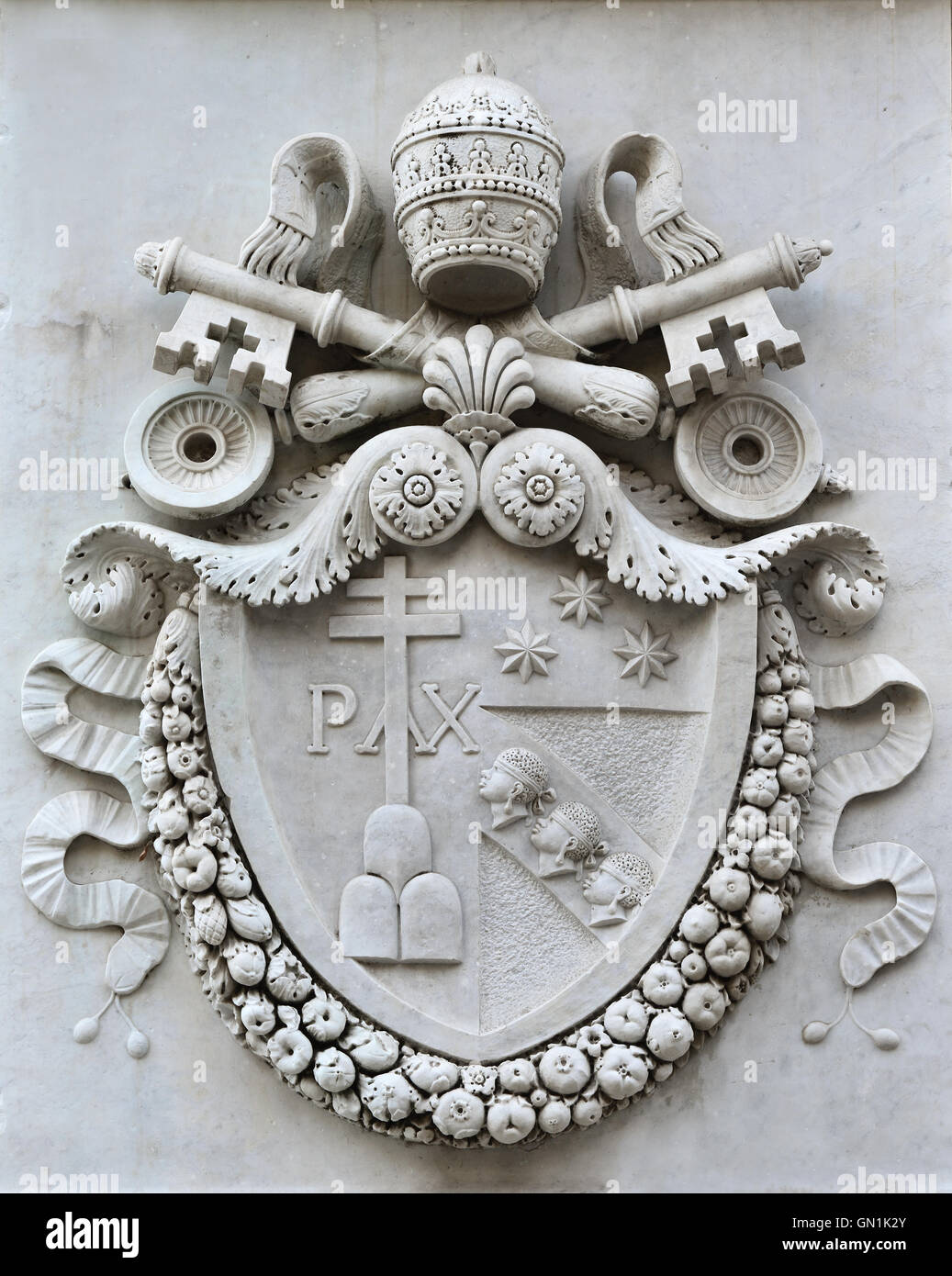 Pope Pius VII emblem in Pincio Gardens public park in Rome, made in 1822 Stock Photo