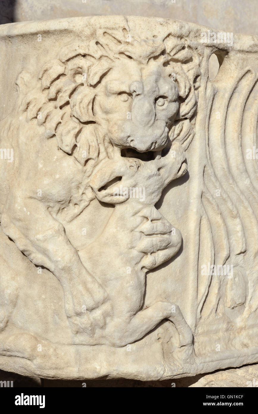 Relief of lion kills an antelope from an ancient roman sarcophagus replica, in Villa Borghese public park, Rome Stock Photo