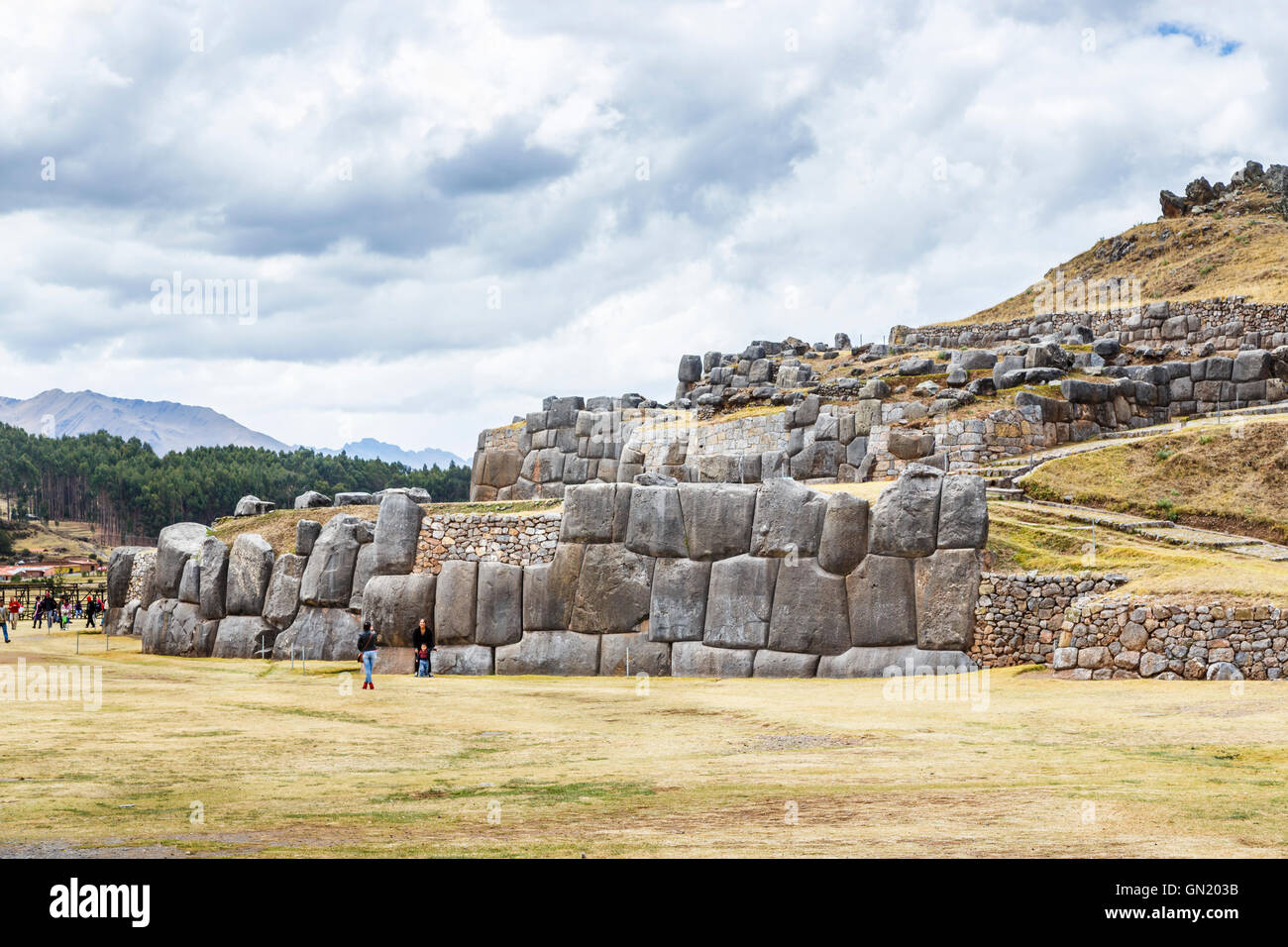 Huge drystone walls of massive interlocking stones at Sacsayhuaman, historic capital of the Inca Empire, near Cuzco, Peru Stock Photo