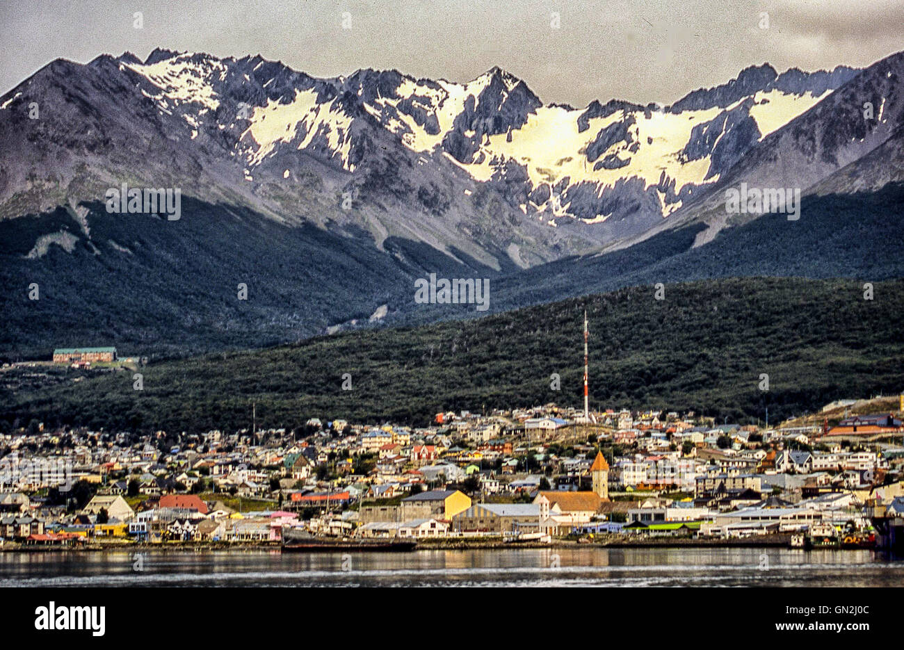 Ushuaia, Tierra del Fuego, Argentina. 9th Feb, 2003. The town of Ushuaia, nicknamed the 'End of the World.'' On the Tierra del Fuego archipelago in Argentina, the southernmost tip of South America, it is surrounded by the Martial Mountains and the Beagle Channel and is a gateway to the region and Antarctica to the south, where tourism is a popular growing sector of the economy. © Arnold Drapkin/ZUMA Wire/Alamy Live News Stock Photo