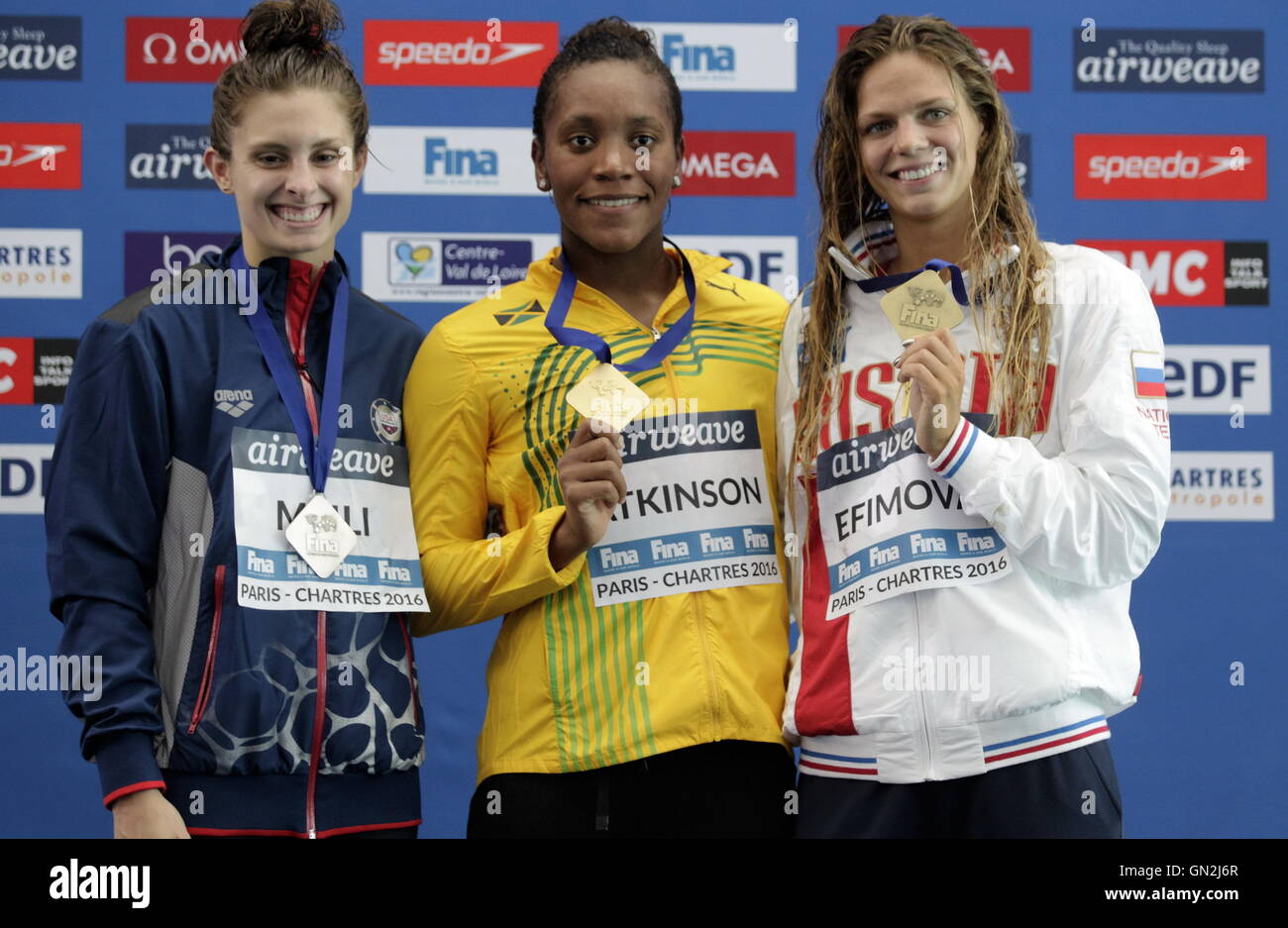 Chartres, France. 26th Aug, 2016. World Cup swimming. Jamaican swimmer Alia Atkinson, American Catherine Meilie and Russian Yuliya Efimova podium for the 100 breaststroke Credit:  Action Plus Sports/Alamy Live News Stock Photo