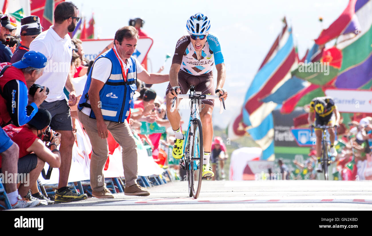 La Camperona, Spain. 27th August, 2016. Axel Domont (AG2R La Mondiale) finishes the 8th stage of cycling race ‘La Vuelta a España’ (Tour of Spain) between Villalpando and Climb of La Camperona on August 27, 2016 in Leon, Spain. Credit: David Gato/Alamy Live News Stock Photo