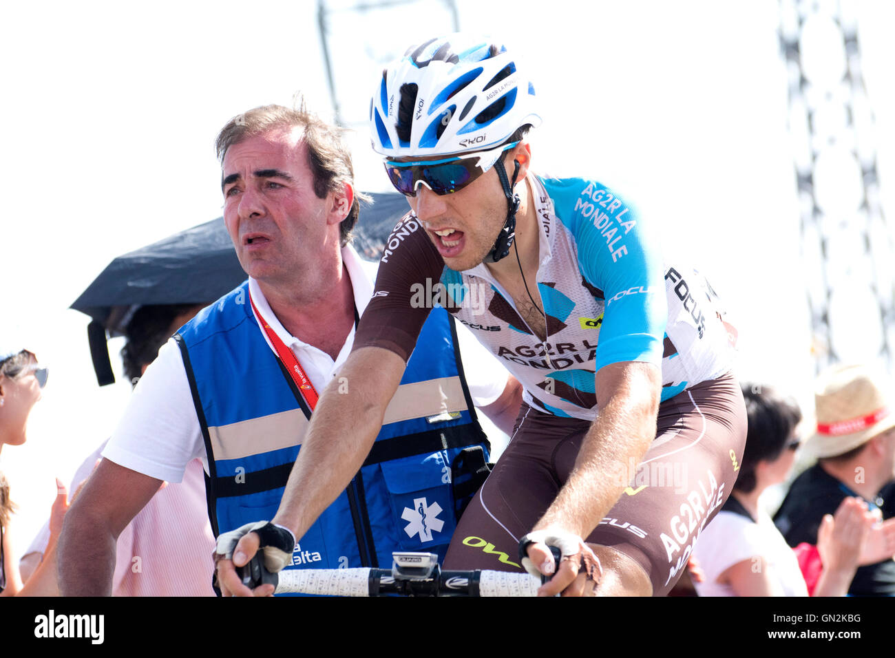 La Camperona, Spain. 27th August, 2016. Axel Domont (AG2R La Mondiale) finishes the 8th stage of cycling race ‘La Vuelta a España’ (Tour of Spain) between Villalpando and Climb of La Camperona on August 27, 2016 in Leon, Spain. Credit: David Gato/Alamy Live News Stock Photo