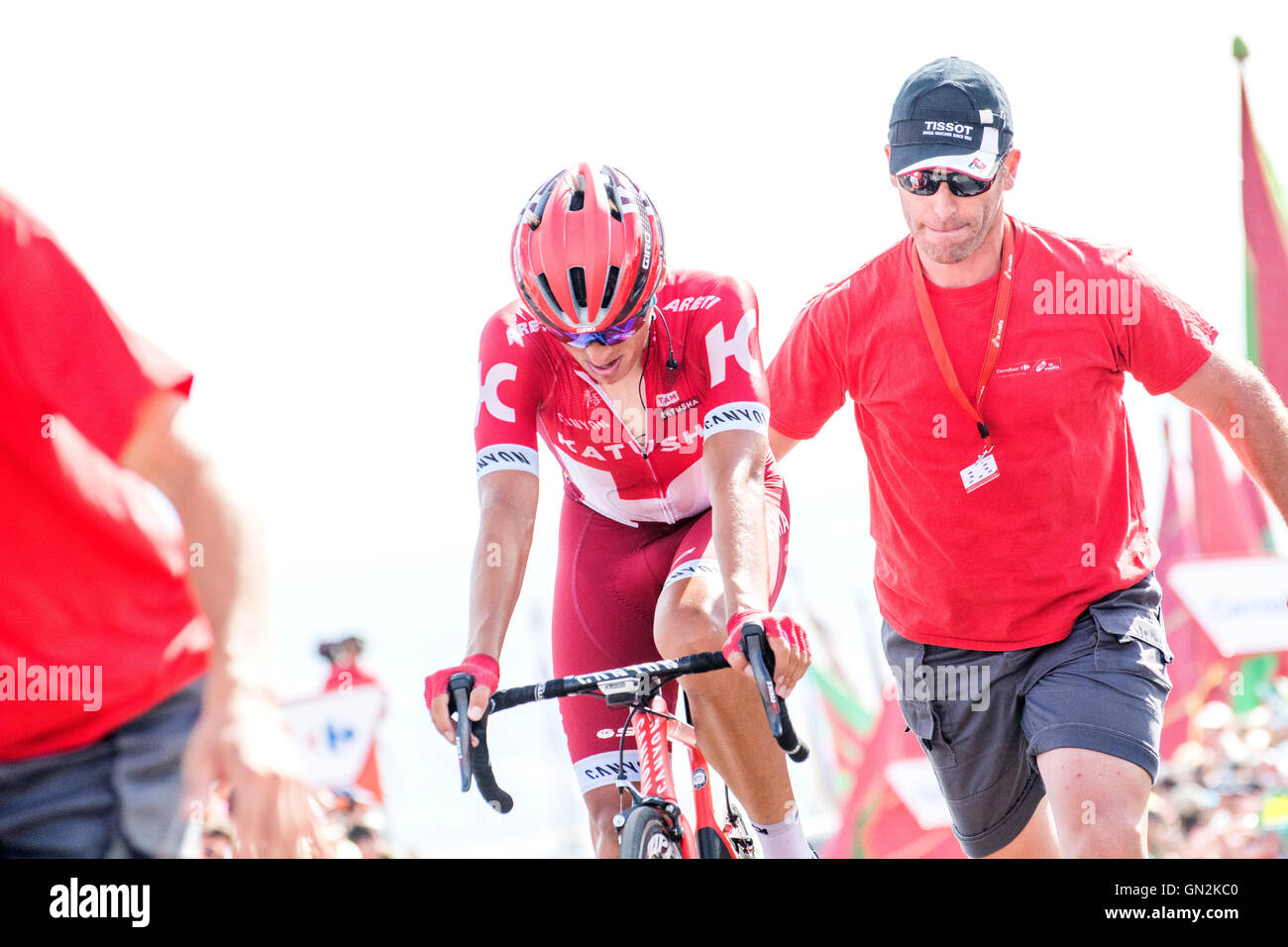 La Camperona, Spain. 27th August, 2016. Jhonatan Restrepo (Katusha Team) finishes the 8th stage of cycling race ‘La Vuelta a España’ (Tour of Spain) between Villalpando and Climb of La Camperona on August 27, 2016 in Leon, Spain. Credit: David Gato/Alamy Live News Stock Photo