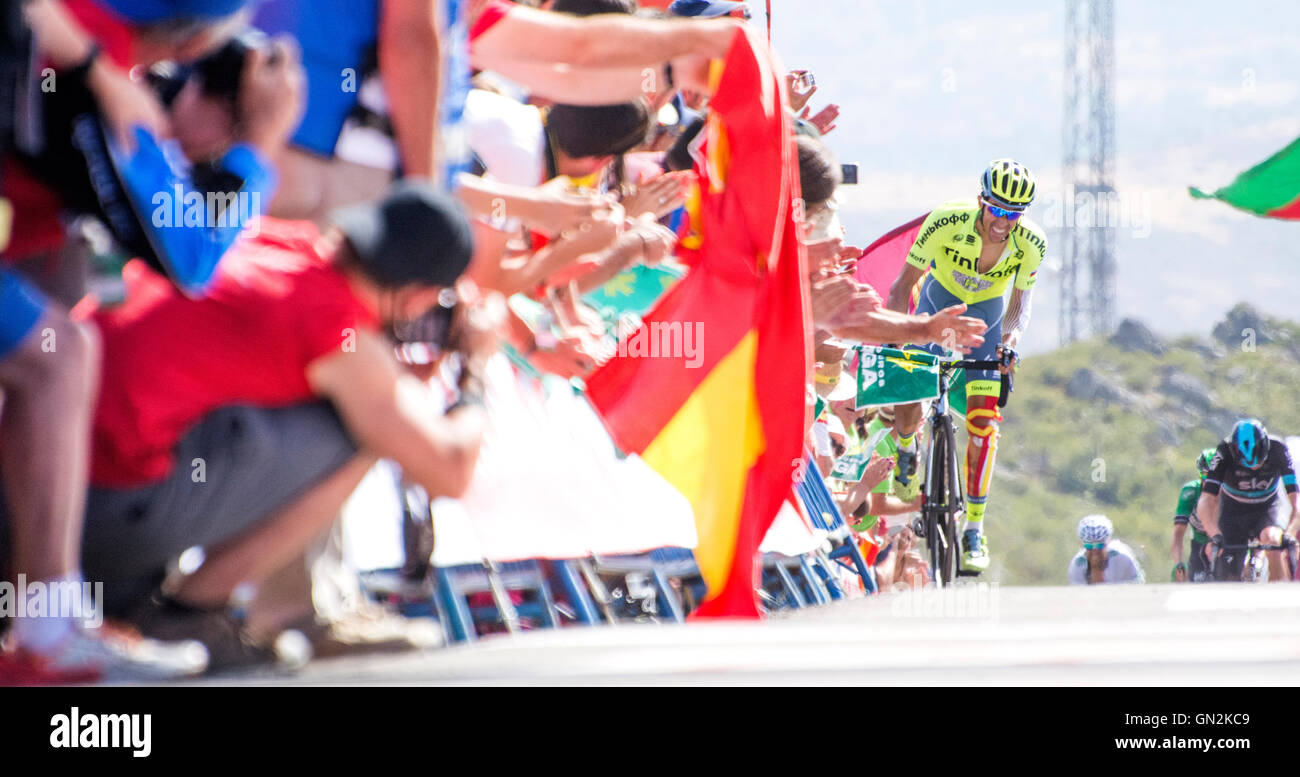 La Camperona, Spain. 27th August, 2016. Alberto Contador (Tinkoff) finishes the 8th stage of cycling race ‘La Vuelta a España’ (Tour of Spain) between Villalpando and Climb of La Camperona on August 27, 2016 in Leon, Spain. Credit: David Gato/Alamy Live News Stock Photo