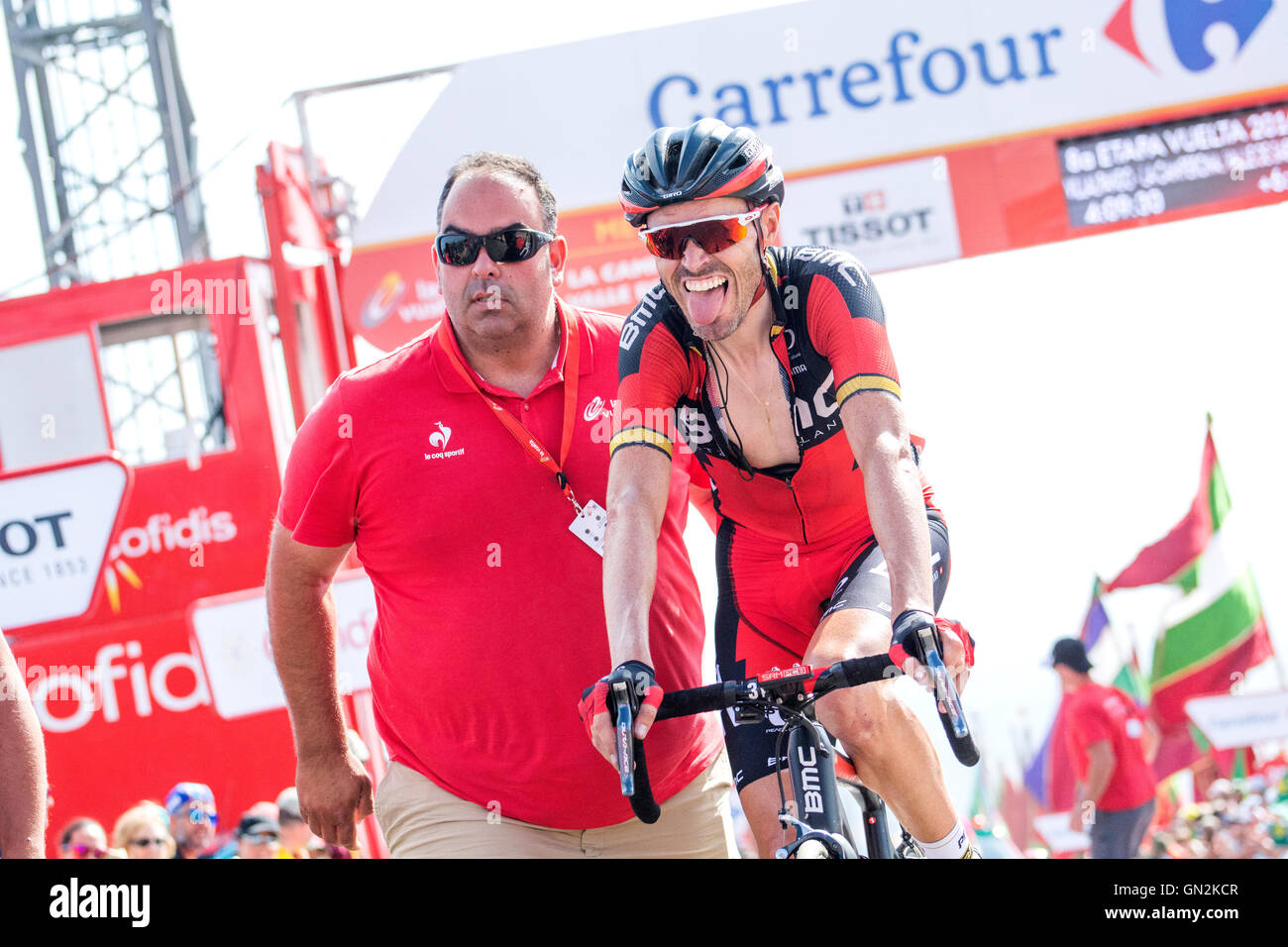 La Camperona, Spain. 27th August, 2016. Samuel Sanchez (BMC Pro Cycling Team) finishes the 8th stage of cycling race ‘La Vuelta a España’ (Tour of Spain) between Villalpando and Climb of La Camperona on August 27, 2016 in Leon, Spain. Credit: David Gato/Alamy Live News Stock Photo