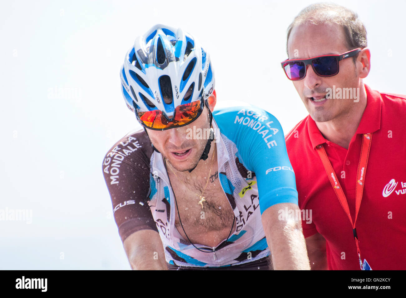 La Camperona, Spain. 27th August, 2016. Pierre Latour (AG2R La Mondiale) finishes the 8th stage of cycling race ‘La Vuelta a España’ (Tour of Spain) between Villalpando and Climb of La Camperona on August 27, 2016 in Leon, Spain. Credit: David Gato/Alamy Live News Stock Photo
