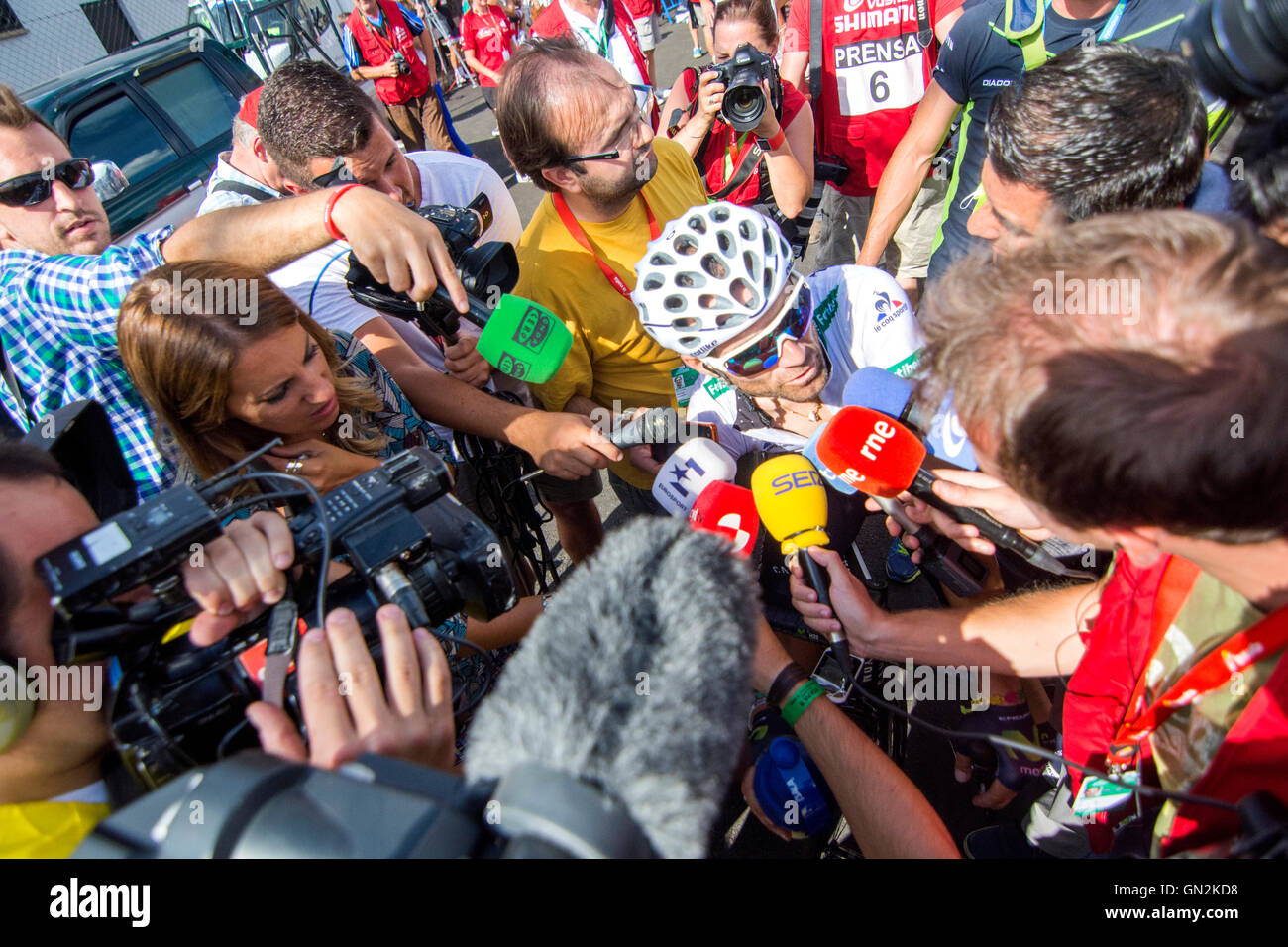 La Camperona, Spain. 27th August, 2016. Alejandro Valverde (Movistar Team) during press conference after finish the 8th stage of cycling race ‘La Vuelta a España’ (Tour of Spain) between Villalpando and Climb of La Camperona on August 27, 2016 in Leon, Spain. Credit: David Gato/Alamy Live News Stock Photo