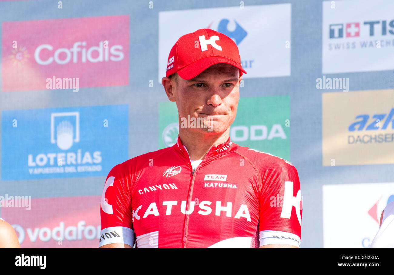 La Camperona, Spain. 27th August, 2016. Serguey Lagutin (Katusha Team) celebrates his victory at the podium of 8th stage of cycling race ‘La Vuelta a España’ (Tour of Spain) between Villalpando and Climb of La Camperona on August 27, 2016 in Leon, Spain. Credit: David Gato/Alamy Live News Stock Photo