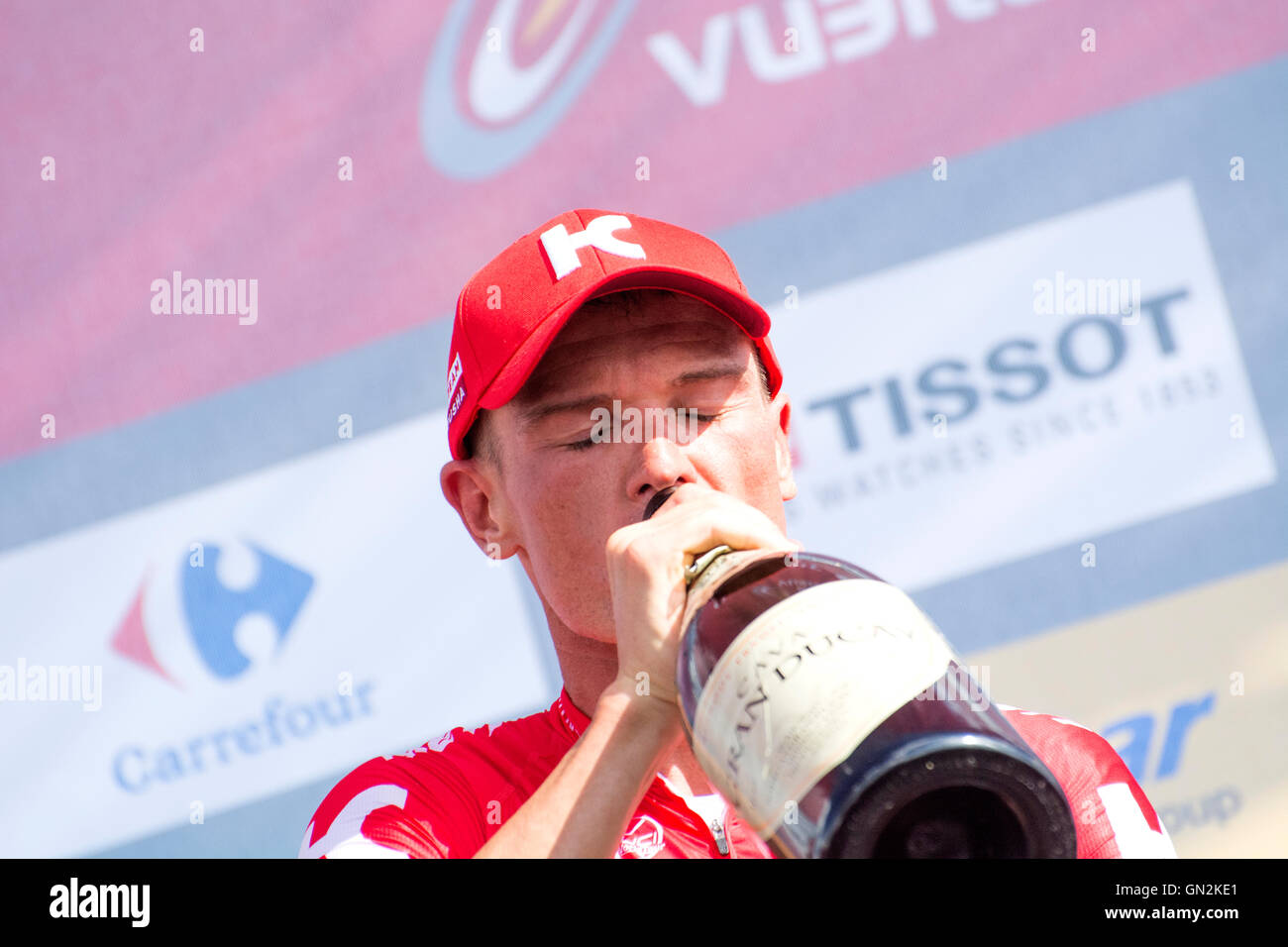 La Camperona, Spain. 27th August, 2016. Serguey Lagutin (Katusha Team) celebrates his victory at the podium of 8th stage of cycling race ‘La Vuelta a España’ (Tour of Spain) between Villalpando and Climb of La Camperona on August 27, 2016 in Leon, Spain. Credit: David Gato/Alamy Live News Stock Photo