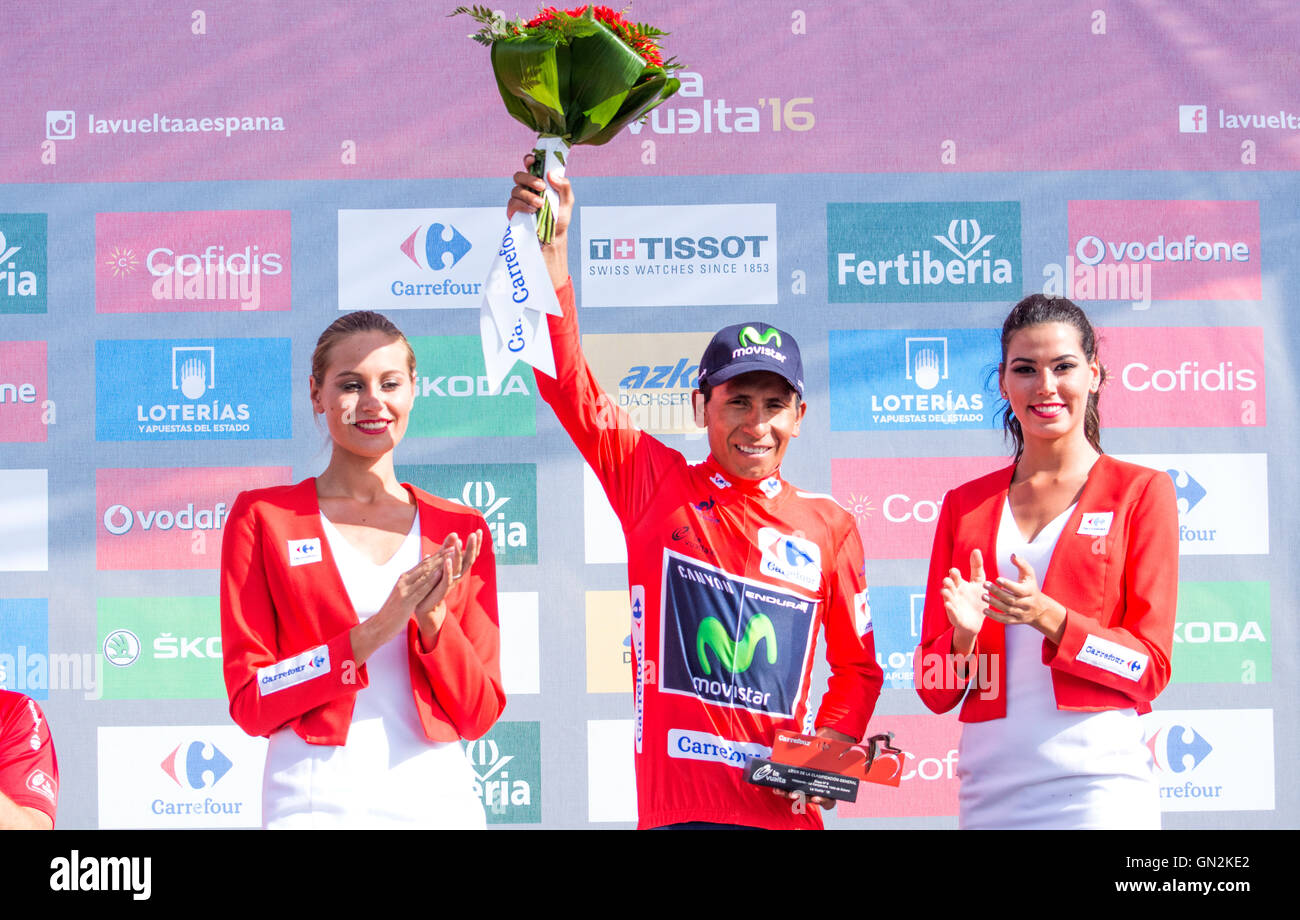 La Camperona, Spain. 27th August, 2016. Nairo Quintana (Movistar Team) with leader maillot at the podium of 8th stage of cycling race ‘La Vuelta a España’ (Tour of Spain) between Villalpando and Climb of La Camperona on August 27, 2016 in Leon, Spain. Credit: David Gato/Alamy Live News Stock Photo