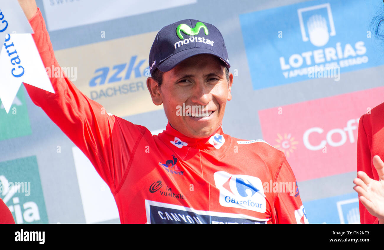 La Camperona, Spain. 27th August, 2016. Nairo Quintana (Movistar Team) with leader maillot at the podium of 8th stage of cycling race ‘La Vuelta a España’ (Tour of Spain) between Villalpando and Climb of La Camperona on August 27, 2016 in Leon, Spain. Credit: David Gato/Alamy Live News Stock Photo