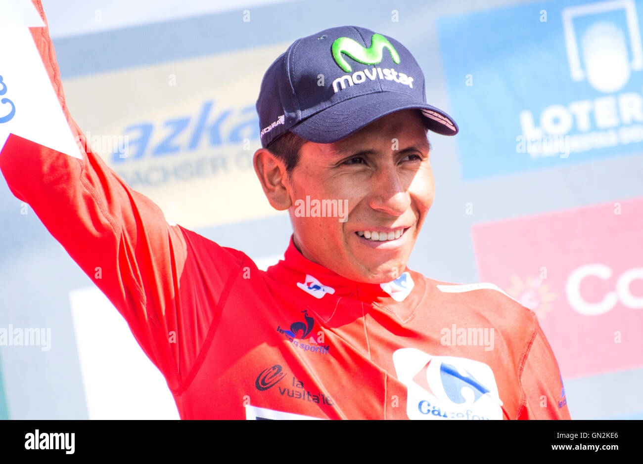 La Camperona, Spain. 27th August, 2016. Nairo Quintana (Movistar Team) with leader maillot at the podium of 8th stage of cycling race ‘La Vuelta a España’ (Tour of Spain) between Villalpando and Climb of La Camperona on August 27, 2016 in Leon, Spain. Credit: David Gato/Alamy Live News Stock Photo