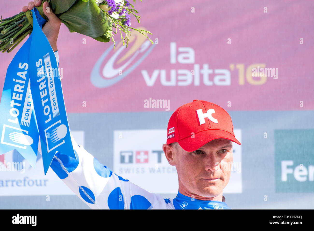 La Camperona, Spain. 27th August, 2016. Serguey Lagutin (Katusha Team) with mountain maillot at the podium of 8th stage of cycling race ‘La Vuelta a España’ (Tour of Spain) between Villalpando and Climb of La Camperona on August 27, 2016 in Leon, Spain. Credit: David Gato/Alamy Live News Stock Photo