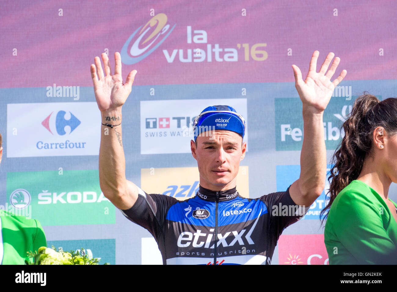 La Camperona, Spain. 27th August, 2016. Gianni Meersman (Ettix - Quick Step) with points maillot at the podium of 8th stage of cycling race ‘La Vuelta a España’ (Tour of Spain) between Villalpando and Climb of La Camperona on August 27, 2016 in Leon, Spain. Credit: David Gato/Alamy Live News Stock Photo