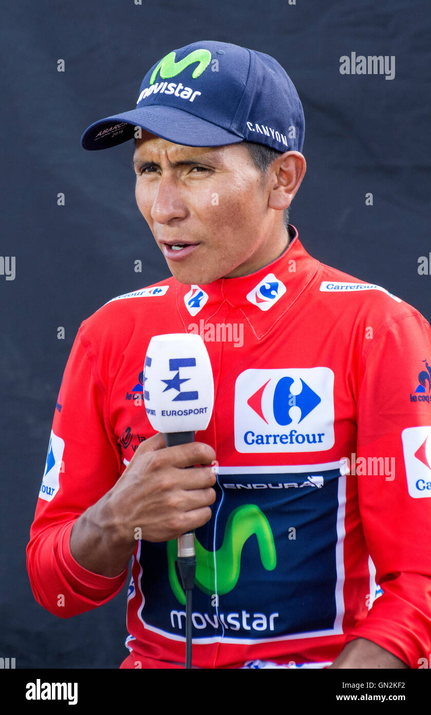 La Camperona, Spain. 27th August, 2016. Nairo Quintana (Movistar Team) with leader maillot talks with media at 8th stage of cycling race ‘La Vuelta a España’ (Tour of Spain) between Villalpando and Climb of La Camperona on August 27, 2016 in Leon, Spain. Credit: David Gato/Alamy Live News Stock Photo