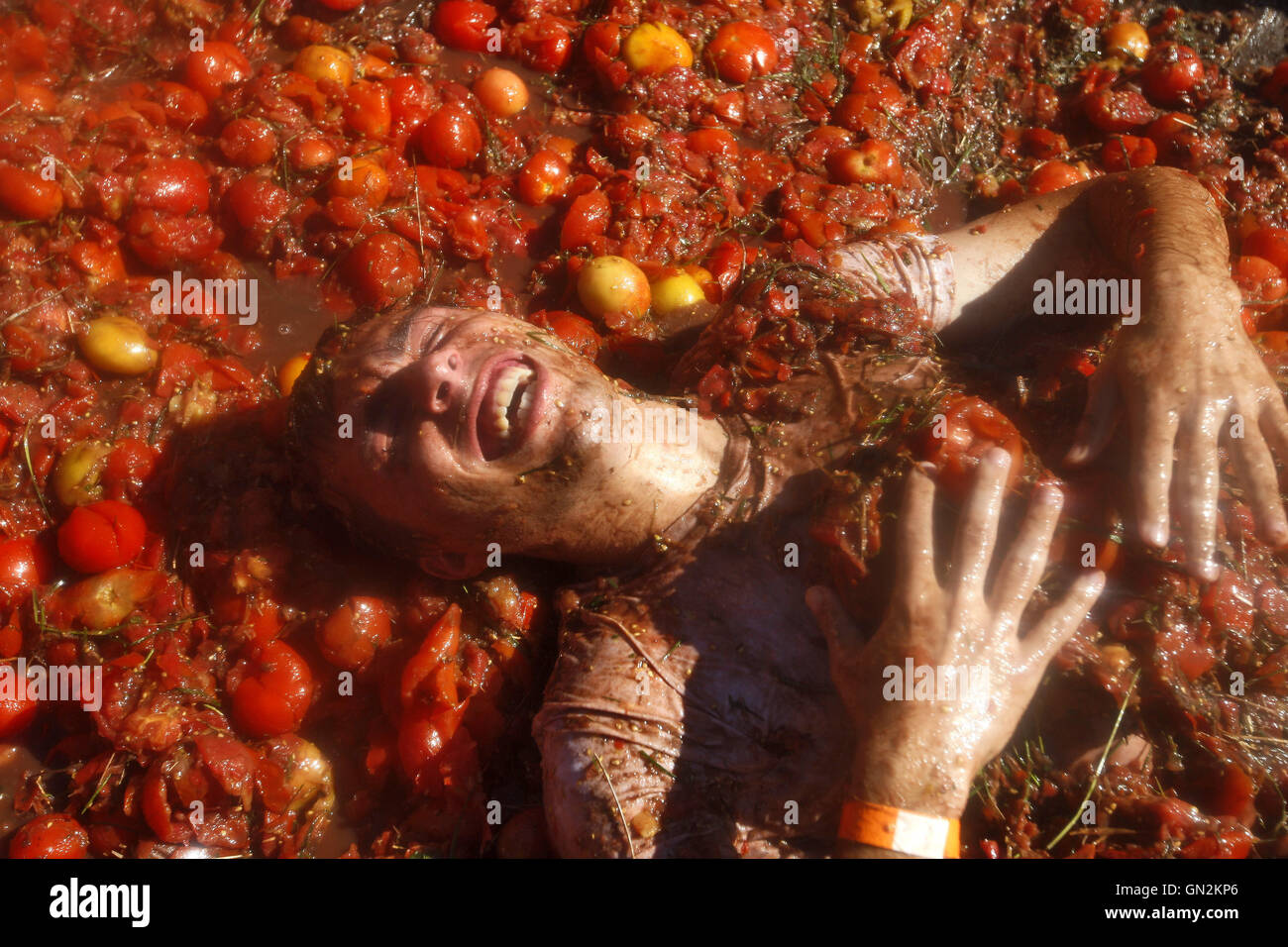 Kiev, Ukraine. 27th Aug, 2016. A man lies in tomatoes, as he takes a part at the ''Tomatina'' festival, in Kiev, Ukraine, on 27 August, 2016. Credit:  Serg Glovny/ZUMA Wire/Alamy Live News Stock Photo