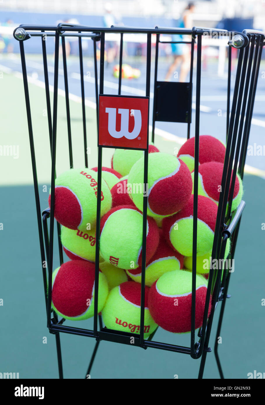 New York, USA. 27th August, 2016. Busket with kids tennis balls at