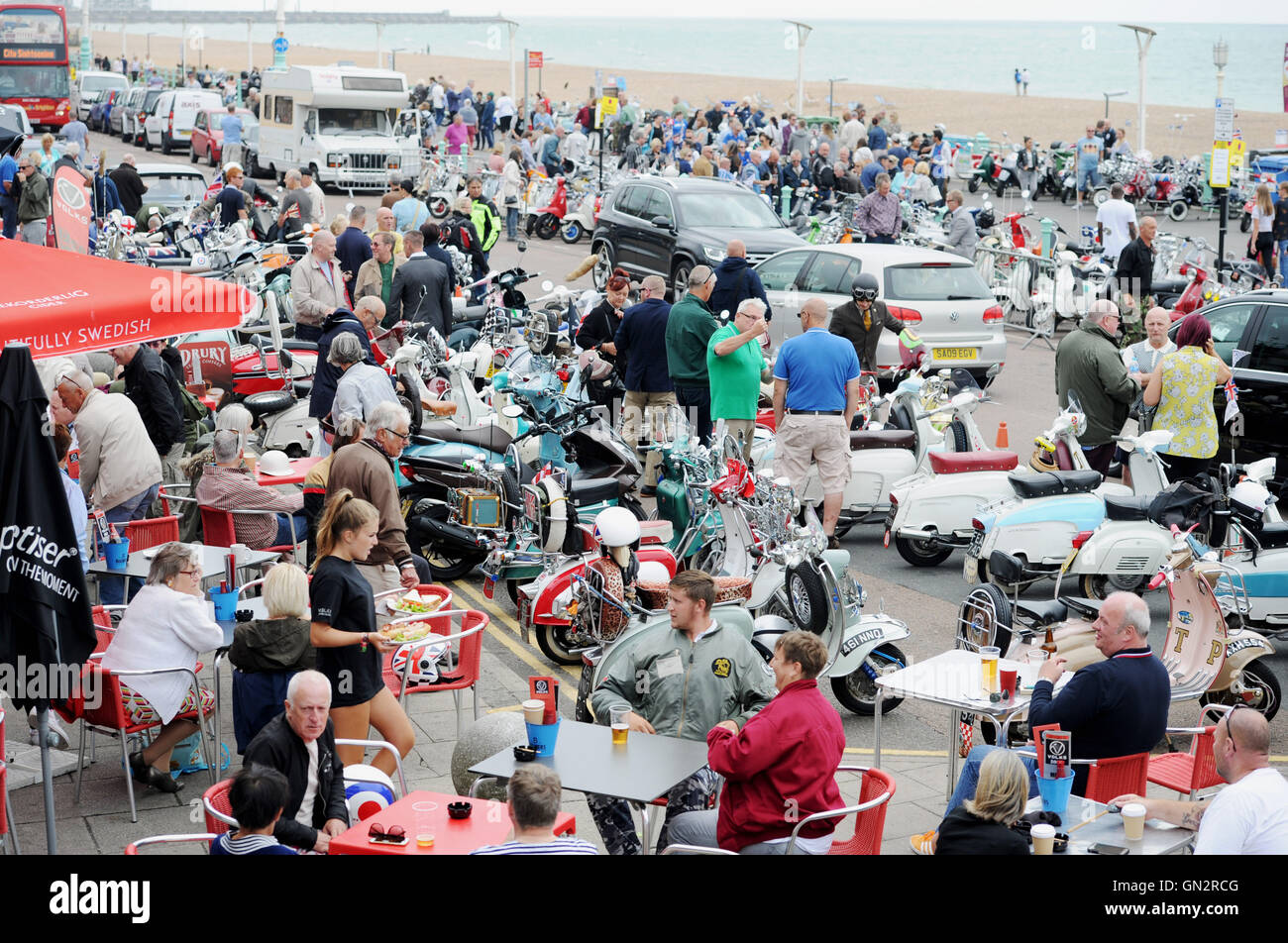 Brighton, UK. 28th August, 2016. Thousands of mods and their scooters