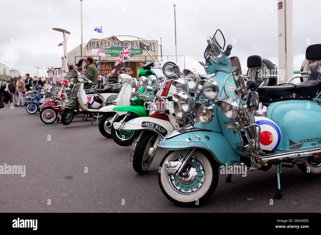 Brighton, UK. 28th August, 2016. Thousands of mods and their scooters