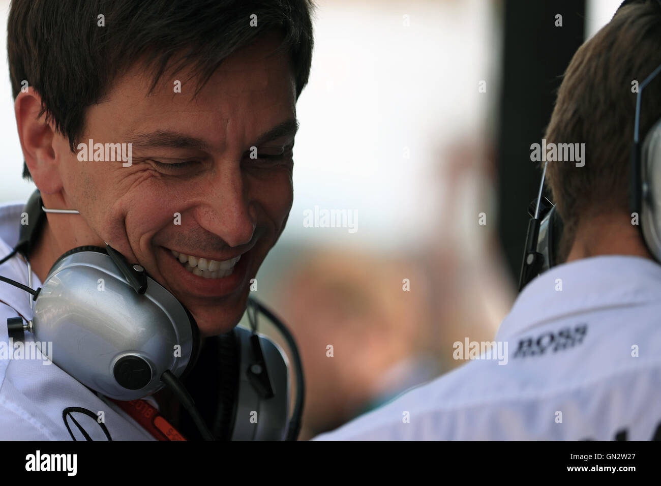 Spa-Francorchamps, Belgium. 28th Aug, 2016. F1 Grand Prix of Belgium, Race Day. Mercedes AMG Petronas boss Toto Wolff celebrates on the pit wall as his drivers take 1st and 3rd Credit:  Action Plus Sports/Alamy Live News Stock Photo