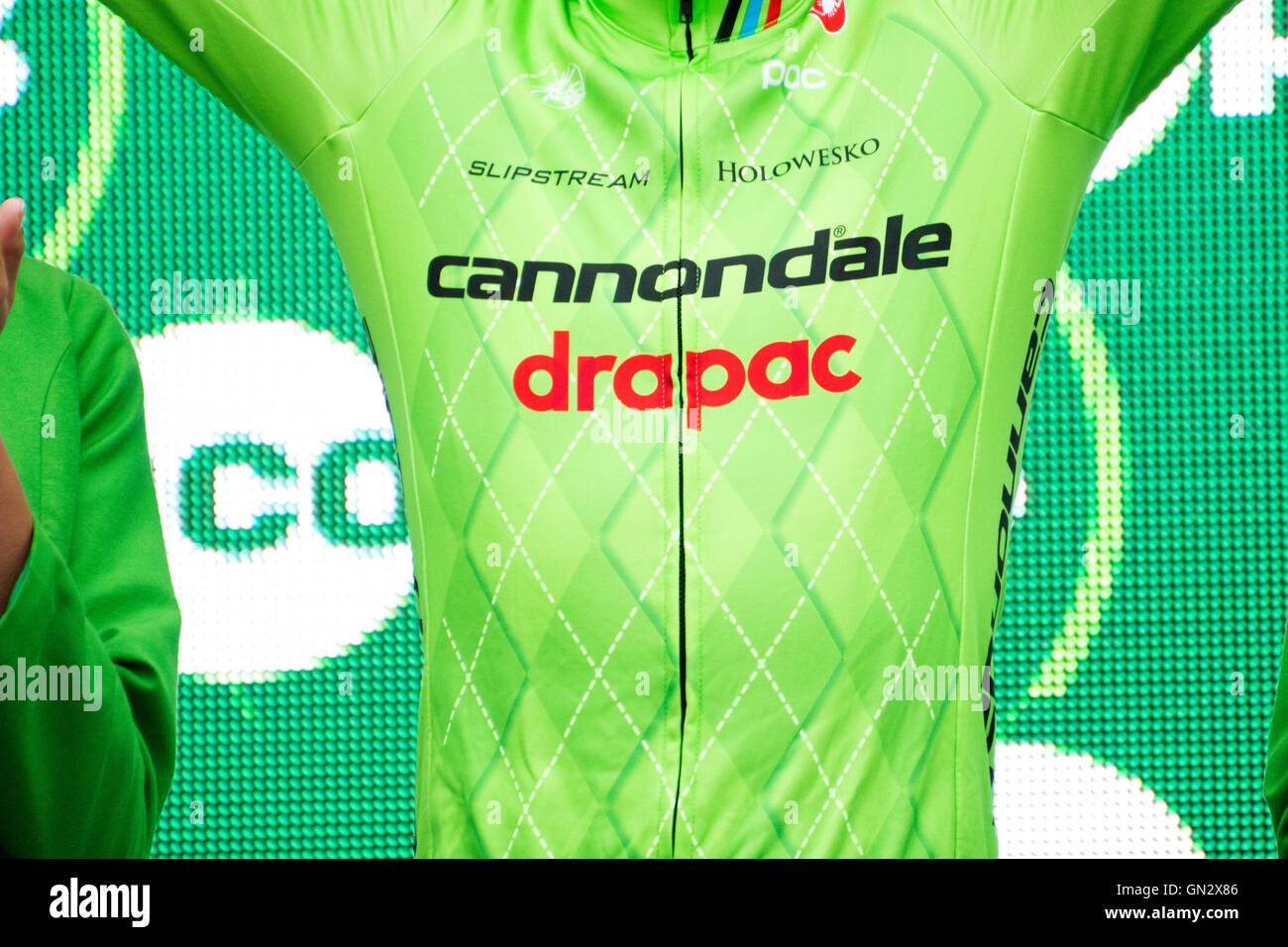 La Camperona, Spain. 27th August, 2016. Maillot of Cannondale Drapac during the podium of 8th stage of cycling race ‘La Vuelta a España’ (Tour of Spain) between Villalpando and Climb of La Camperona on August 27, 2016 in Leon, Spain. Credit: David Gato/Alamy Live News Stock Photo