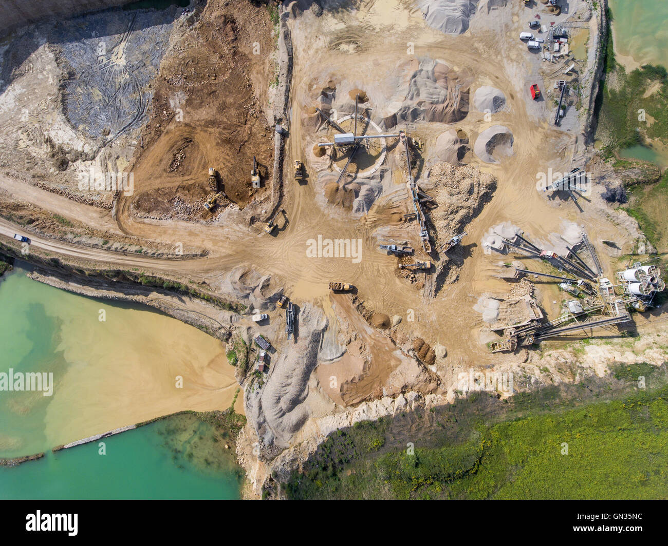 Mining quarry with special equipment, open pit excavation. Sand mine