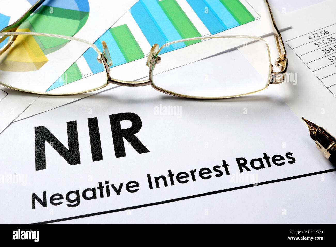 Paper with words NIR  as Negative Interest Rate Stock Photo