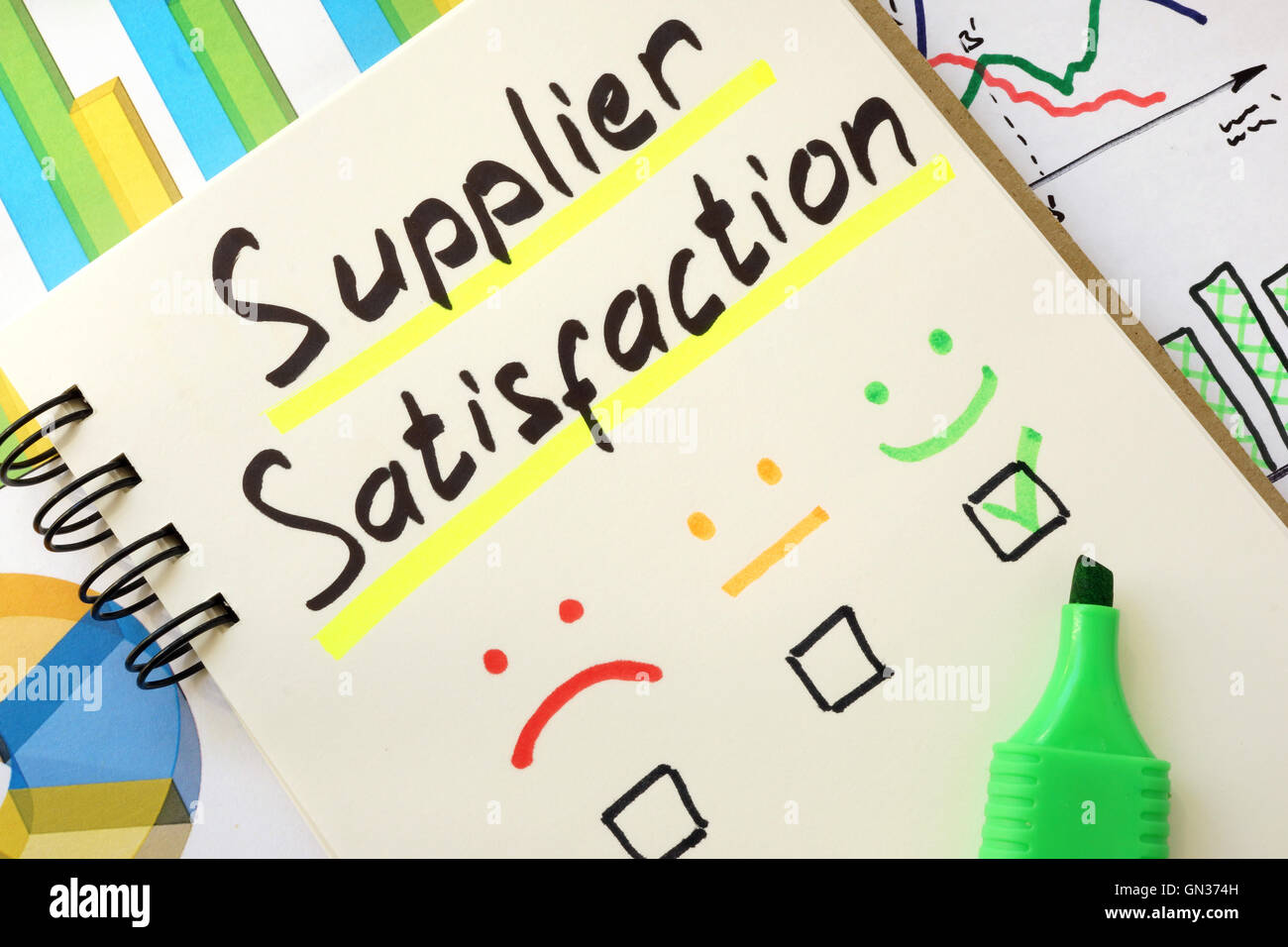 Sign supplier satisfaction on a page of notebook. Stock Photo