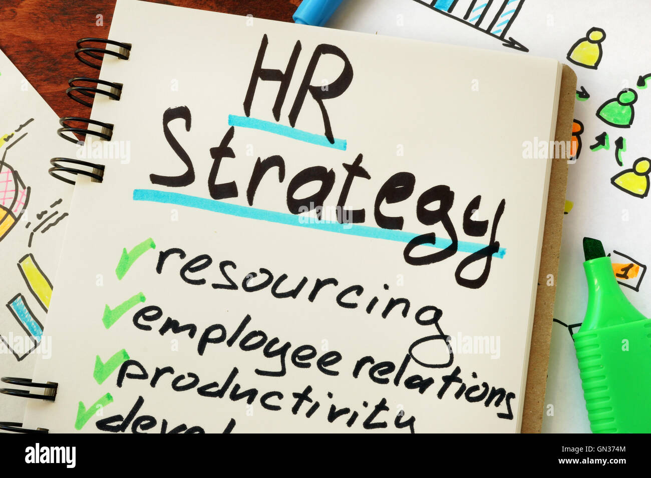 Sign hr strategy on a page of notebook. Stock Photo