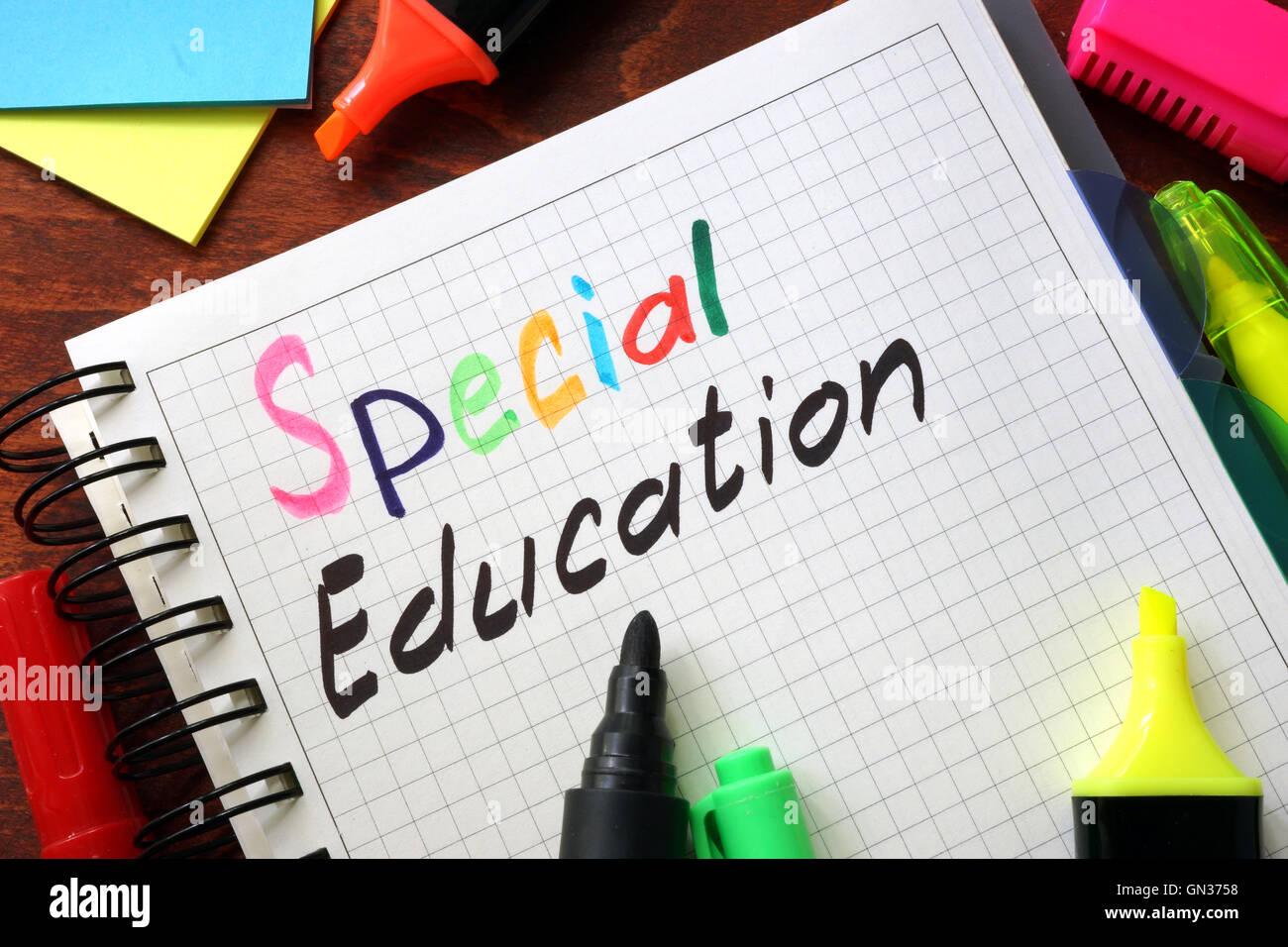 Sign special education written in a notepad on a table. Stock Photo