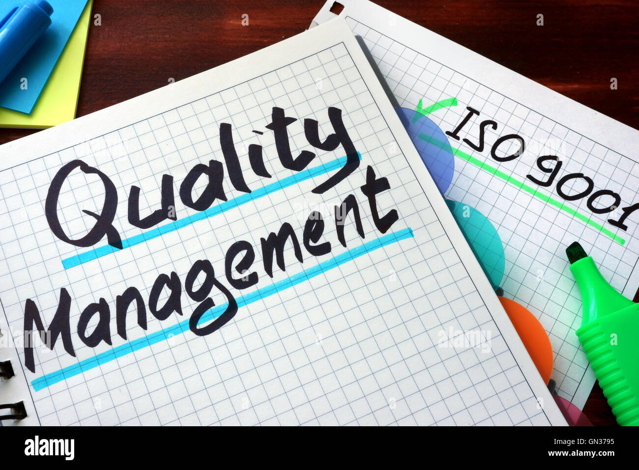 Quality Management System QMS written on a notepad with marker. Stock Photo