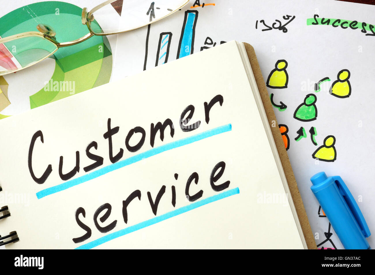 Customer service sign written in a notepad. Stock Photo