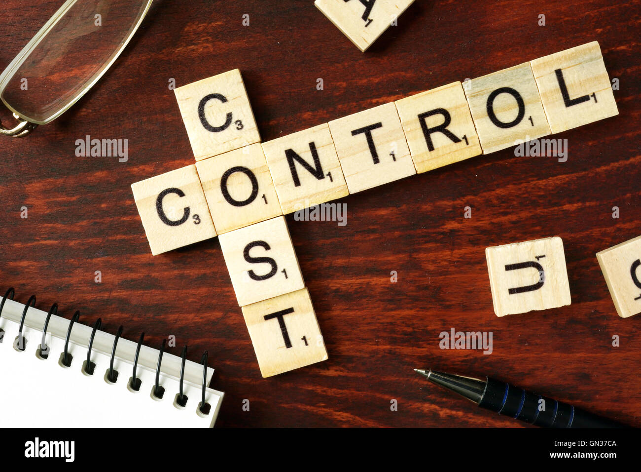 Words Control Cost from wooden blocks with letters. Stock Photo