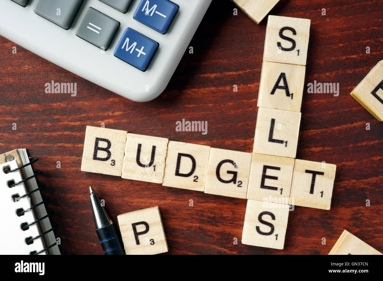 Words Sales Budget from wooden blocks with letters. Stock Photo