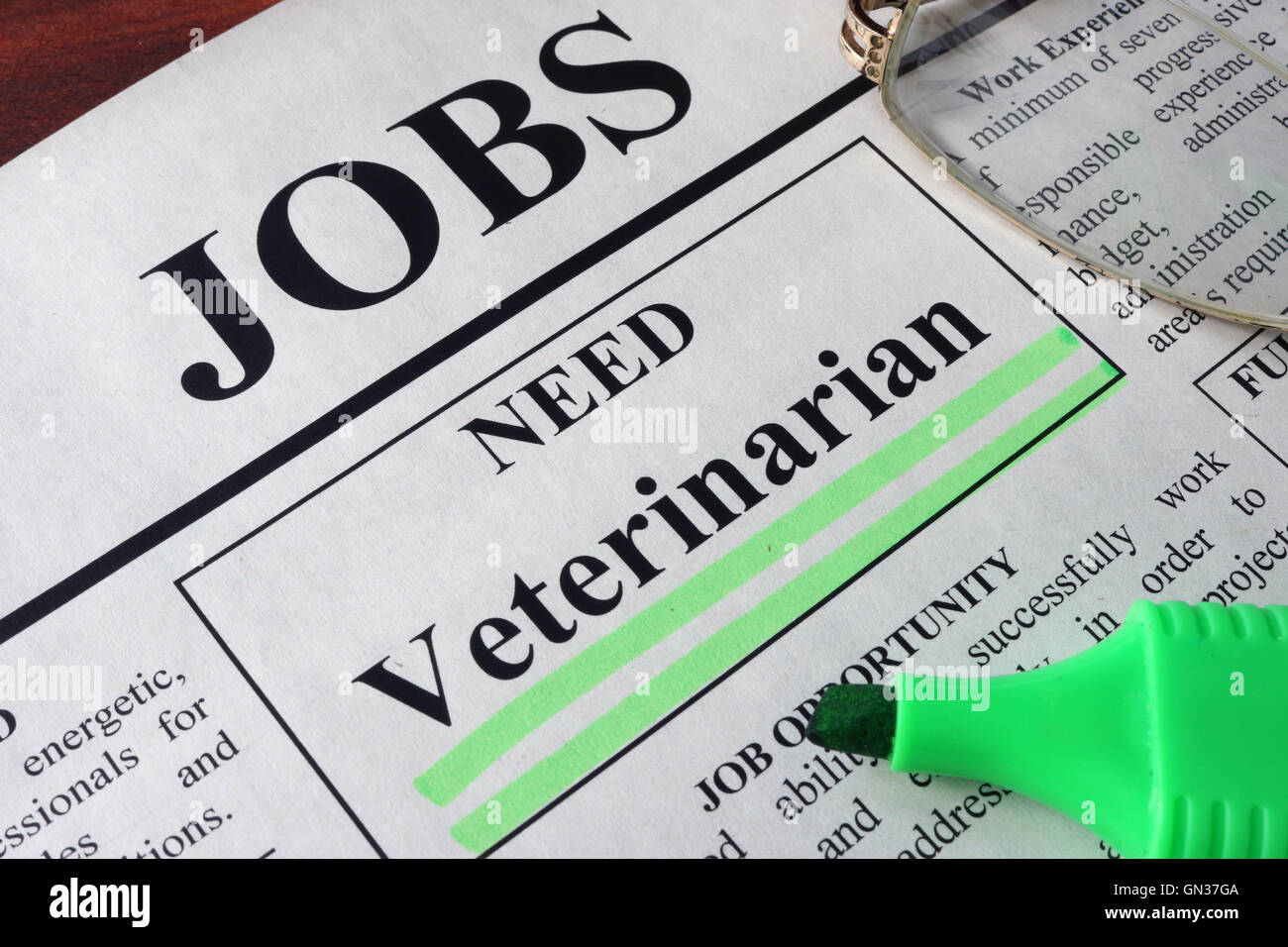 Newspaper with ads for vacancy Veterinarian. Employment concept. Stock Photo