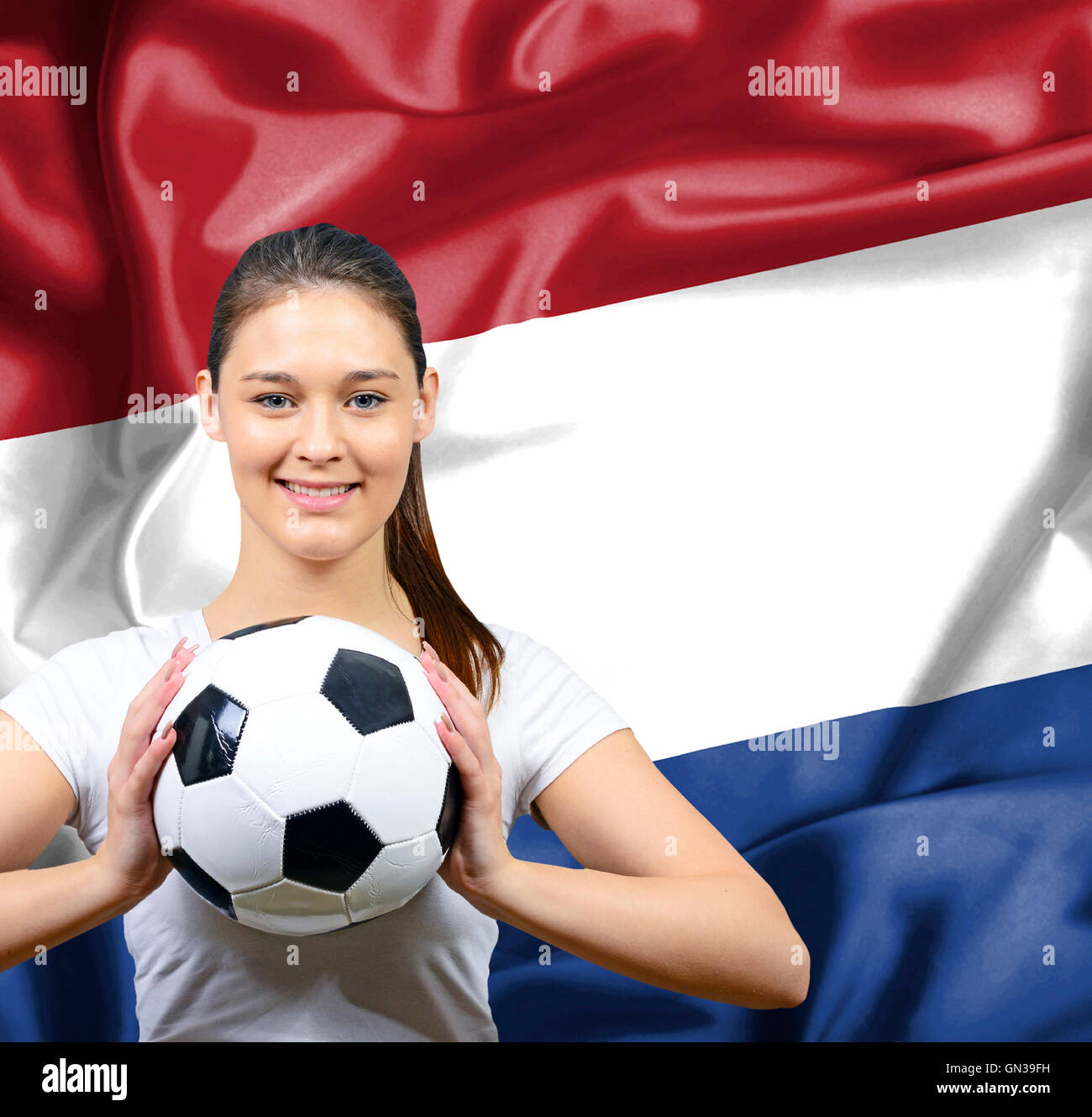 Proud woman football fan of Netherlands Stock Photo Alamy