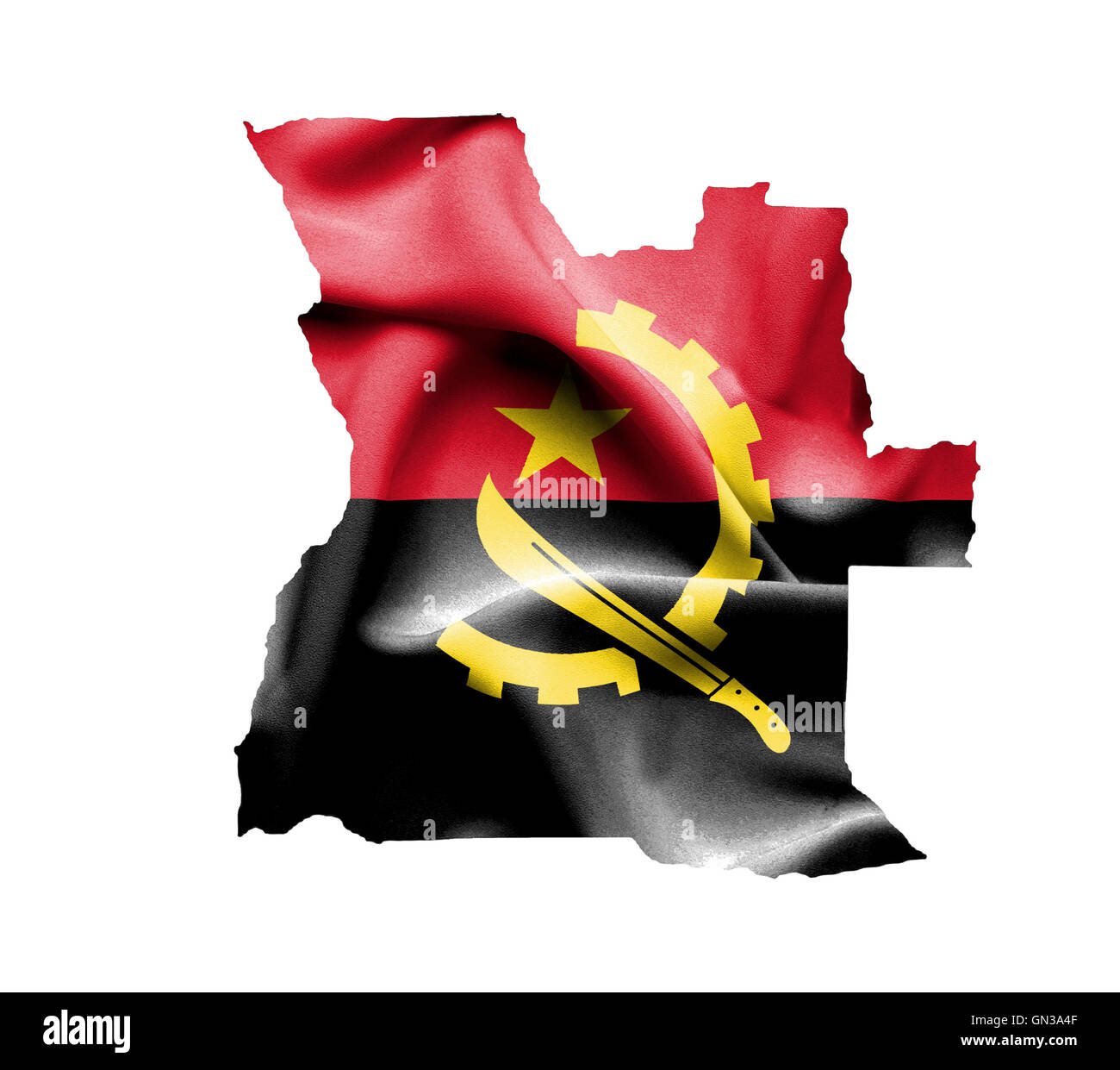 Map of Angola with waving flag isolated on white Stock Photo