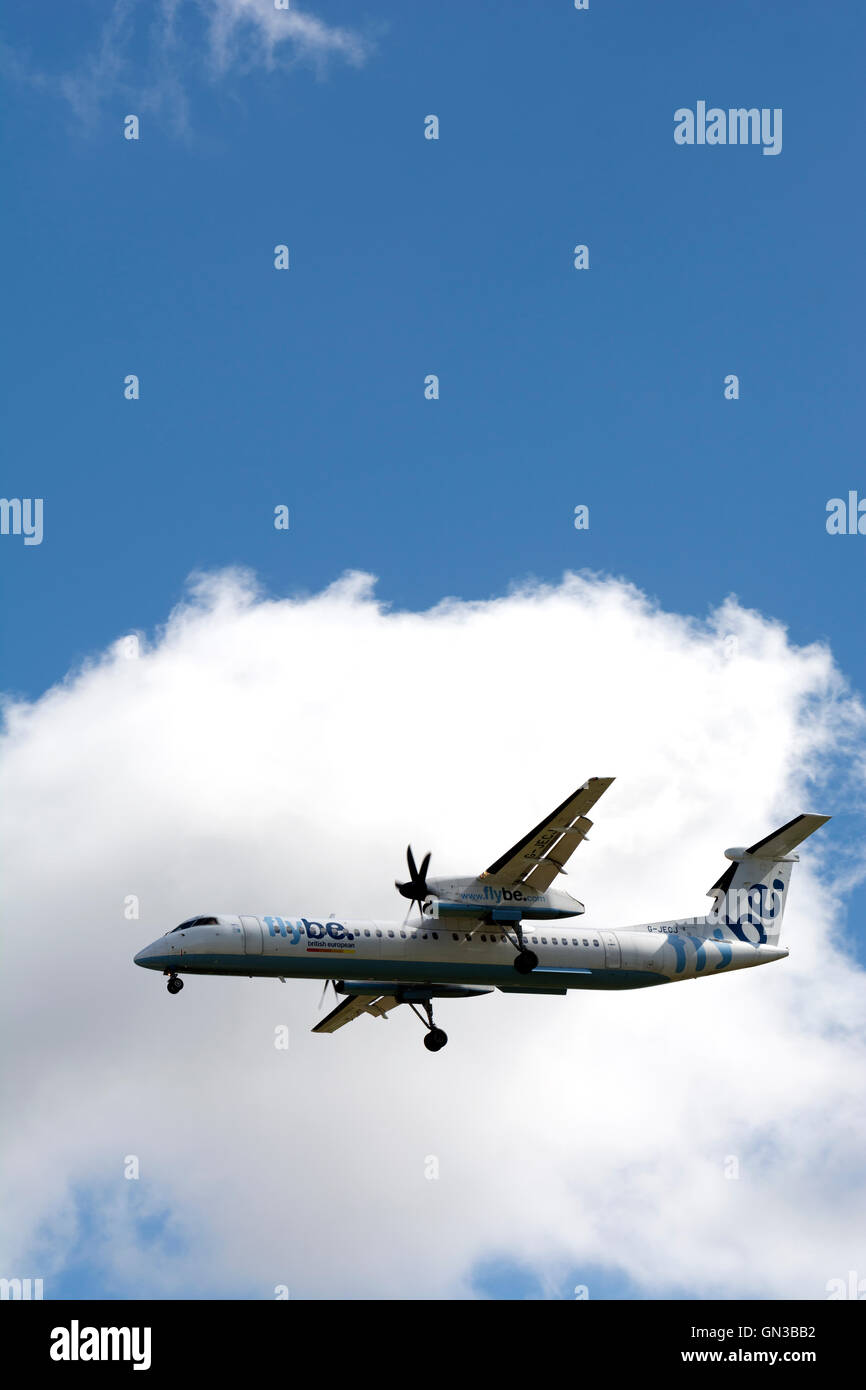 Flybe Bombardier Dash 8 approaching Birmingham Airport, UK (G-JECJ) Stock Photo
