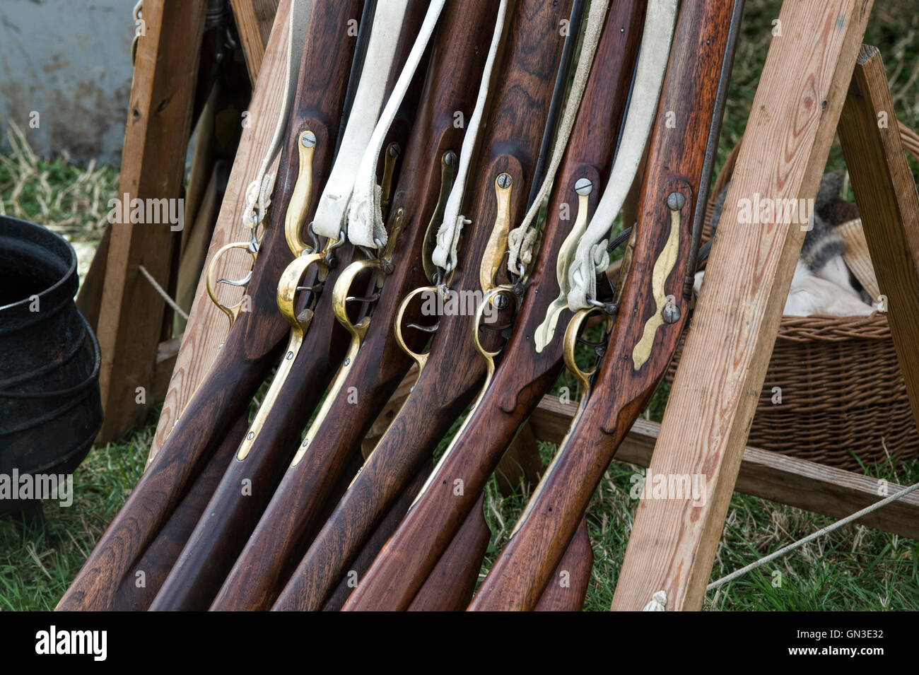 Muskets in Coldstream Regiment of Foot Guards camp at a reenactment