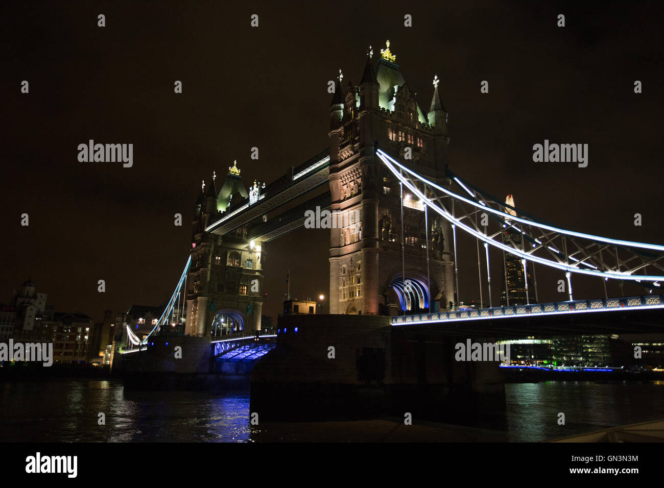 London Bridge, London, UK, Night Scene with Lights on the River Thames, taken whilst walking about London in a street photography exercise. Architect. Stock Photo
