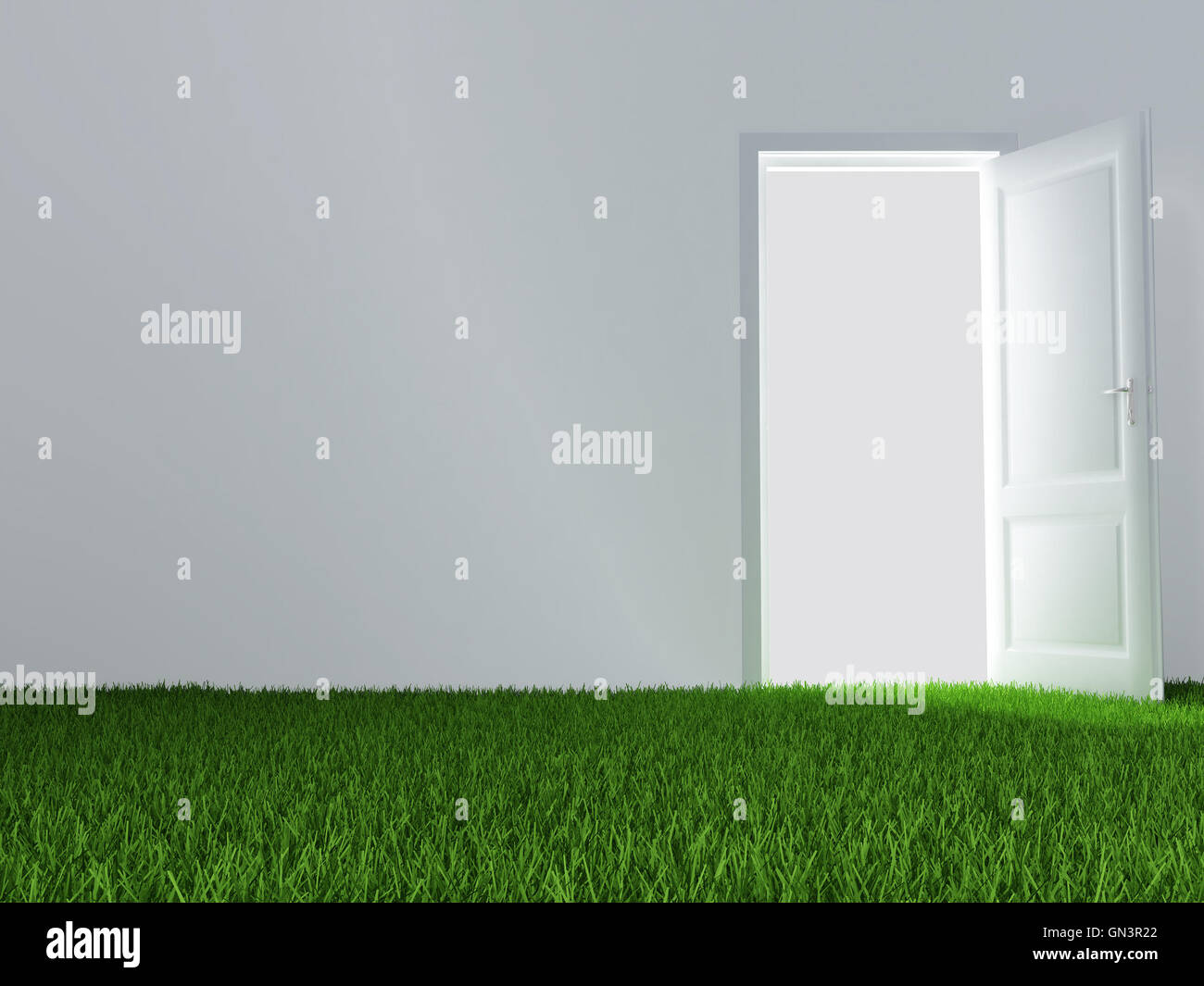 white wall, unclosed door and juicy green lawn Stock Photo