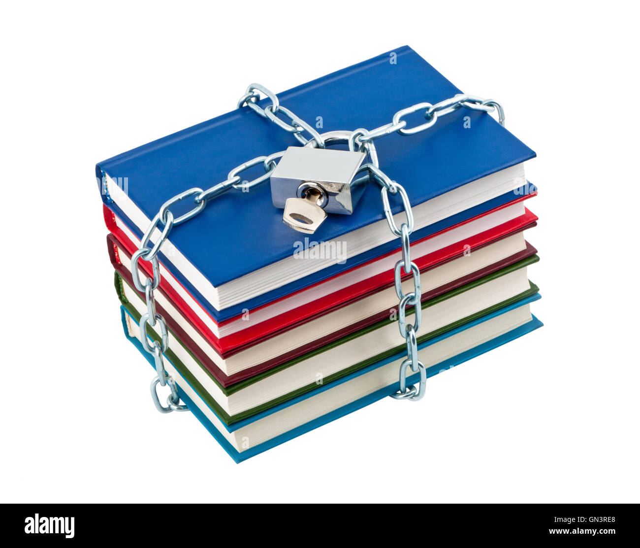 Books in chains closed padlock isolated on white background Stock Photo