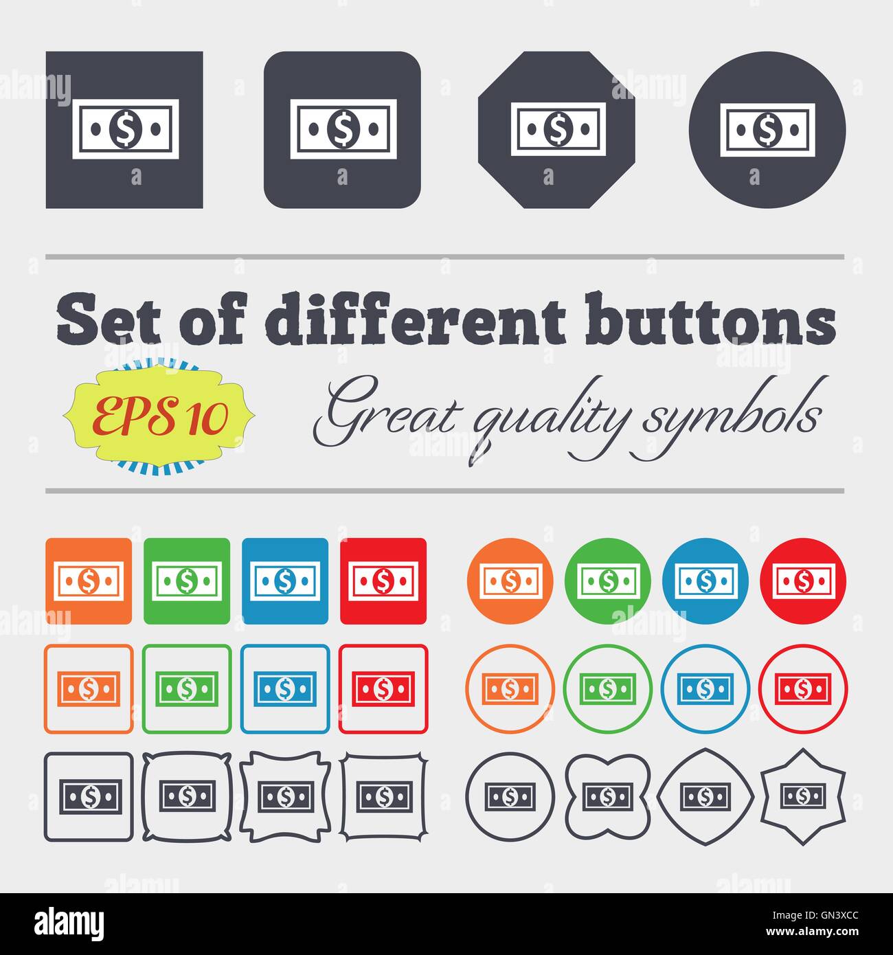 money, dollar icon sign. Big set of colorful, diverse, high-quality buttons. Vector Stock Vector