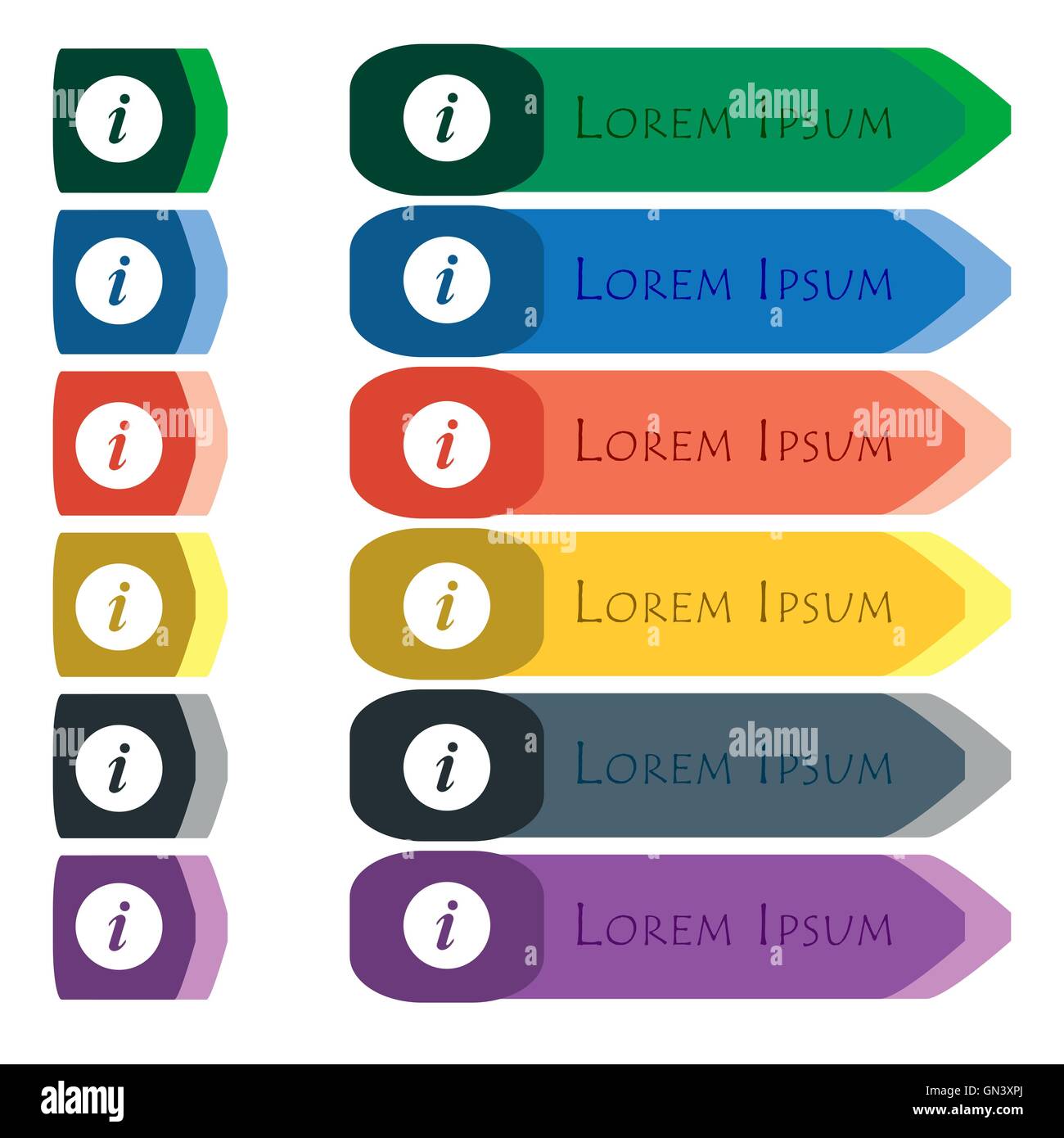 info icon sign. Set of colorful, bright long buttons with additional small modules. Flat design Stock Vector