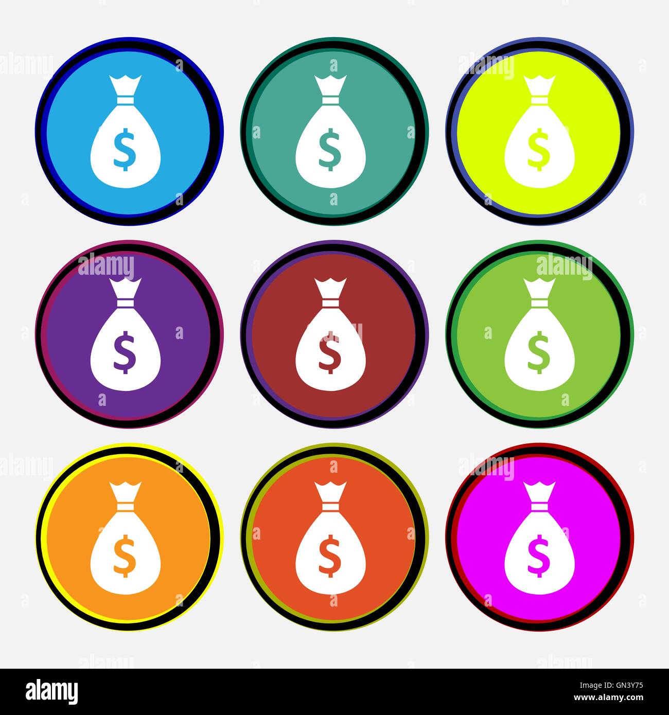 dollar money bag icon sign. Nine multi colored round buttons. Vector ...