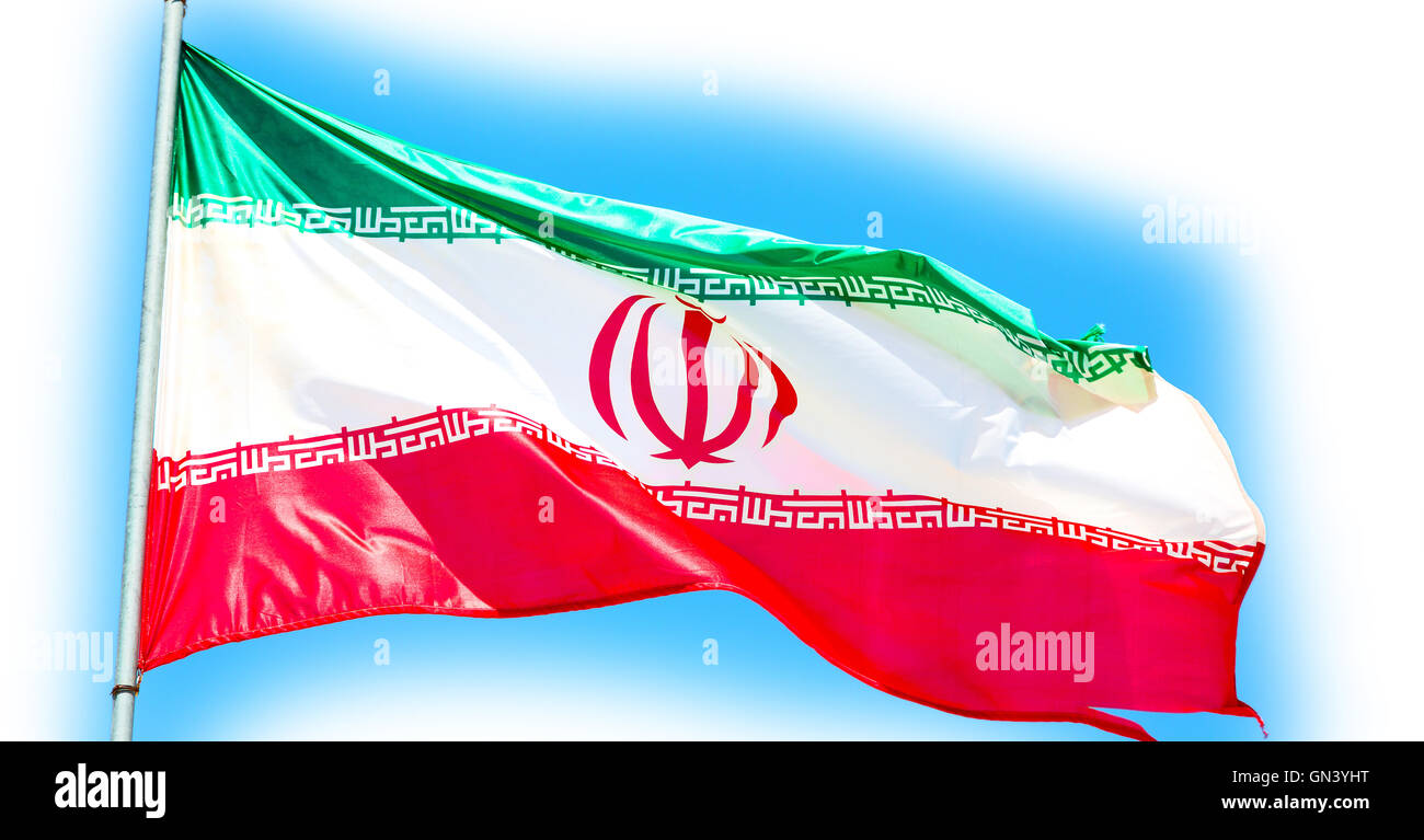 in iran iranian waving flag  the blue sky and wind Stock Photo